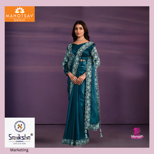 Teal Blue Crepe Satin 1 minute Wear Saree