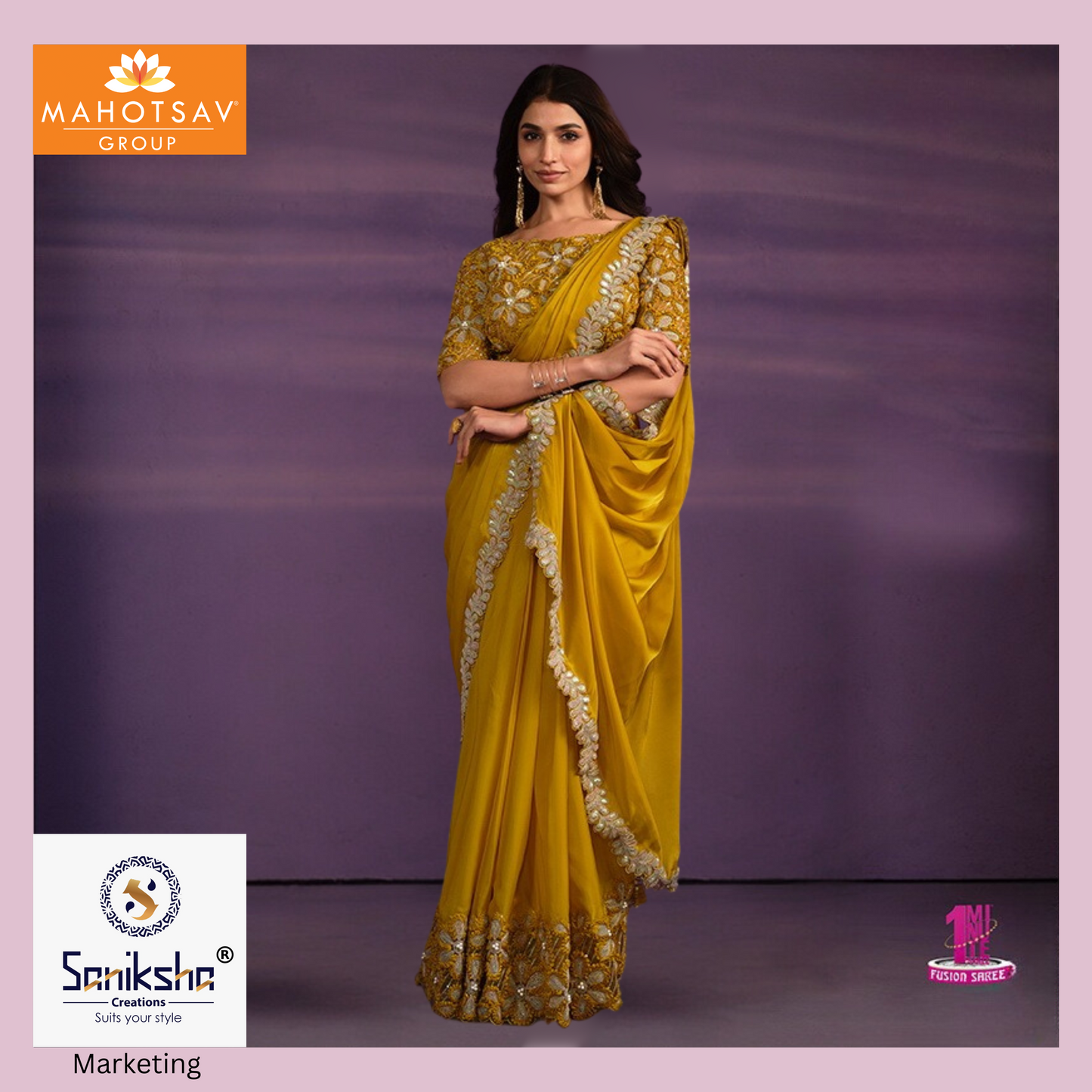 Mustard Crepe Satin 1 minute Wear Saree