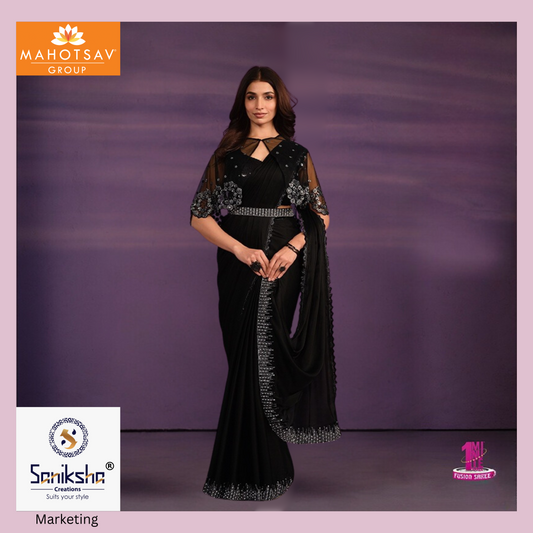 Classy Black Crepe Satin 1 minute Wear Saree