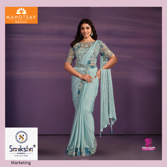 Aqua Blue Crepe  Satin 1 minute Wear Saree