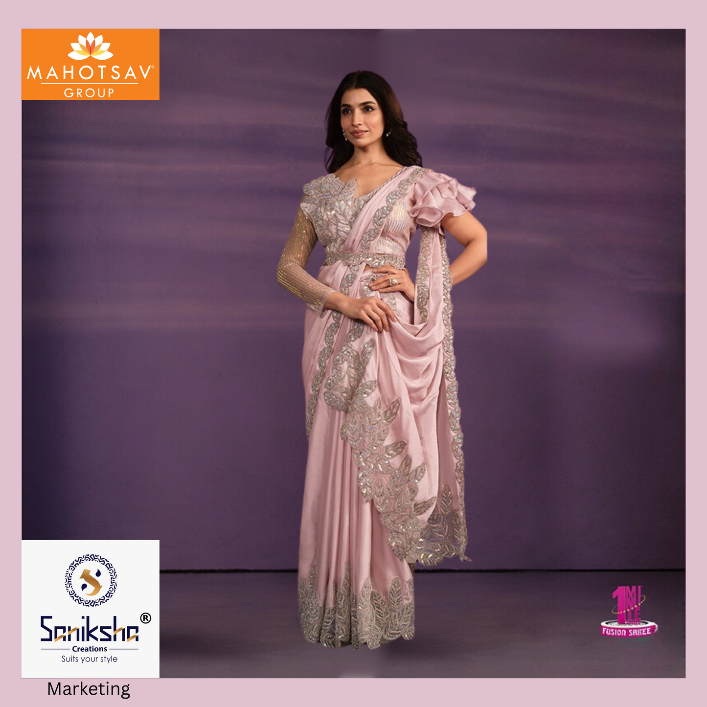 Peach Pink Crepe Satin 1 minute Wear Saree