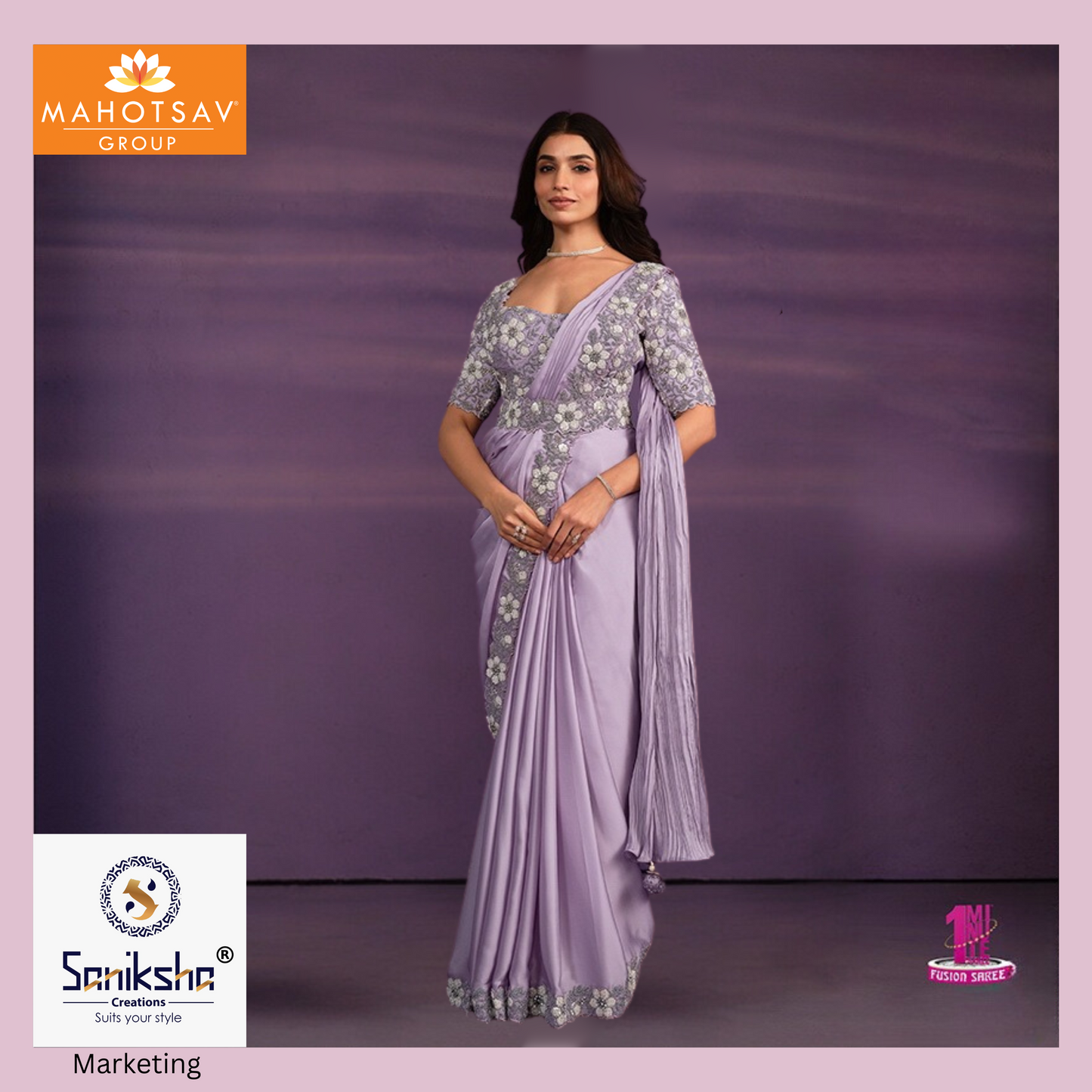 Lilac Crepe Satin 1 minute Wear Saree