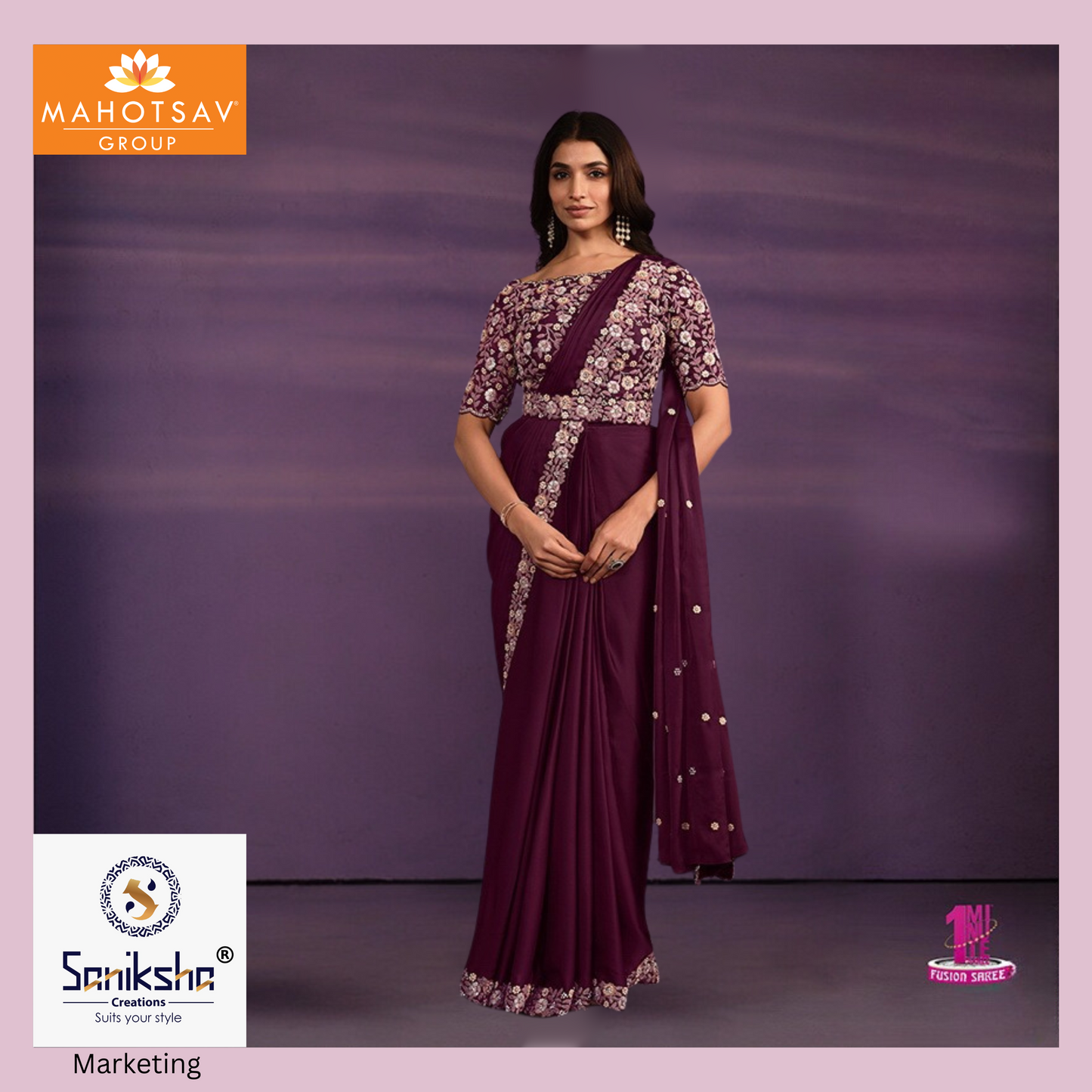 Wine Crepe Satin 1 minutes Wear Saree