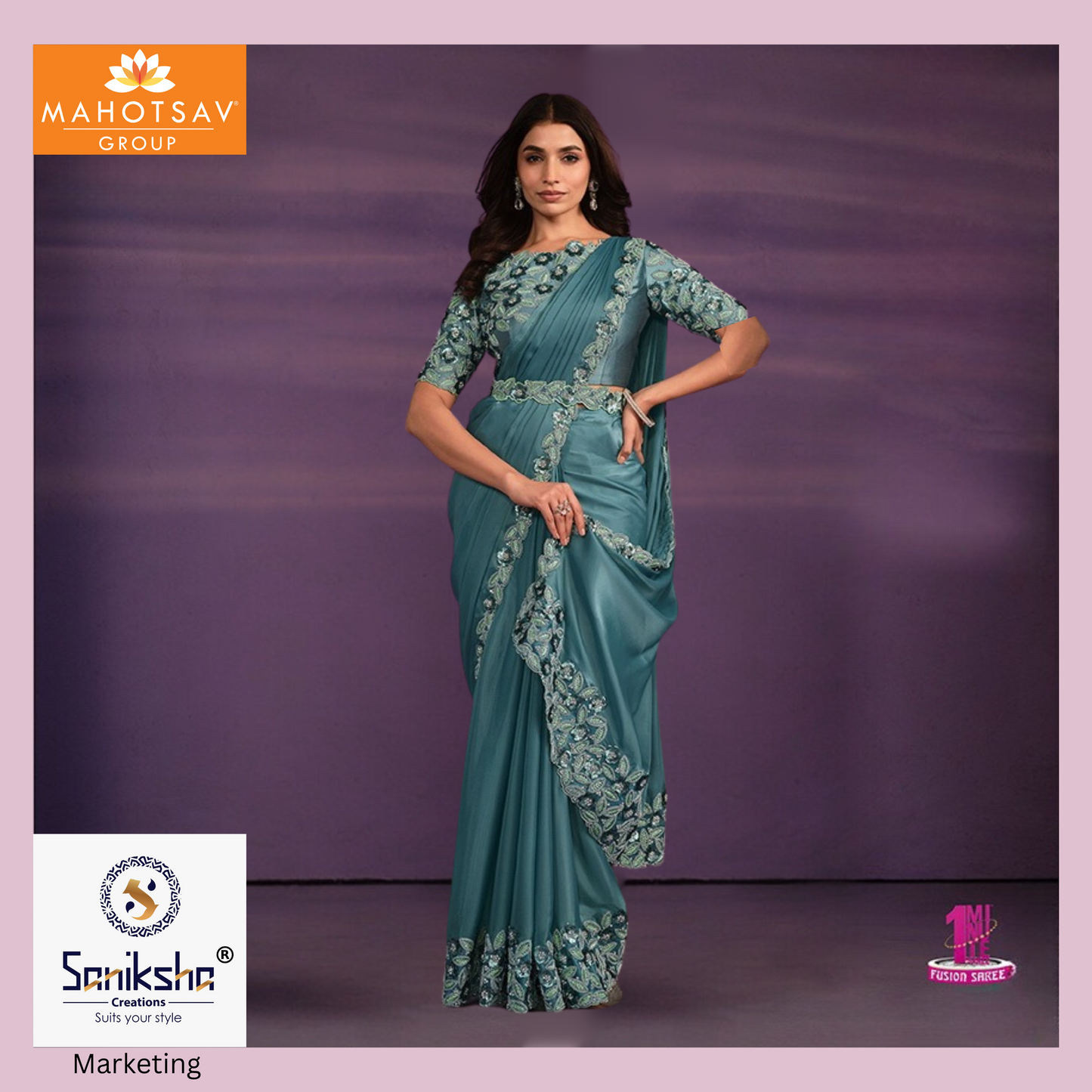 Teal Green Crepe Satin 1 minutes Wear Saree