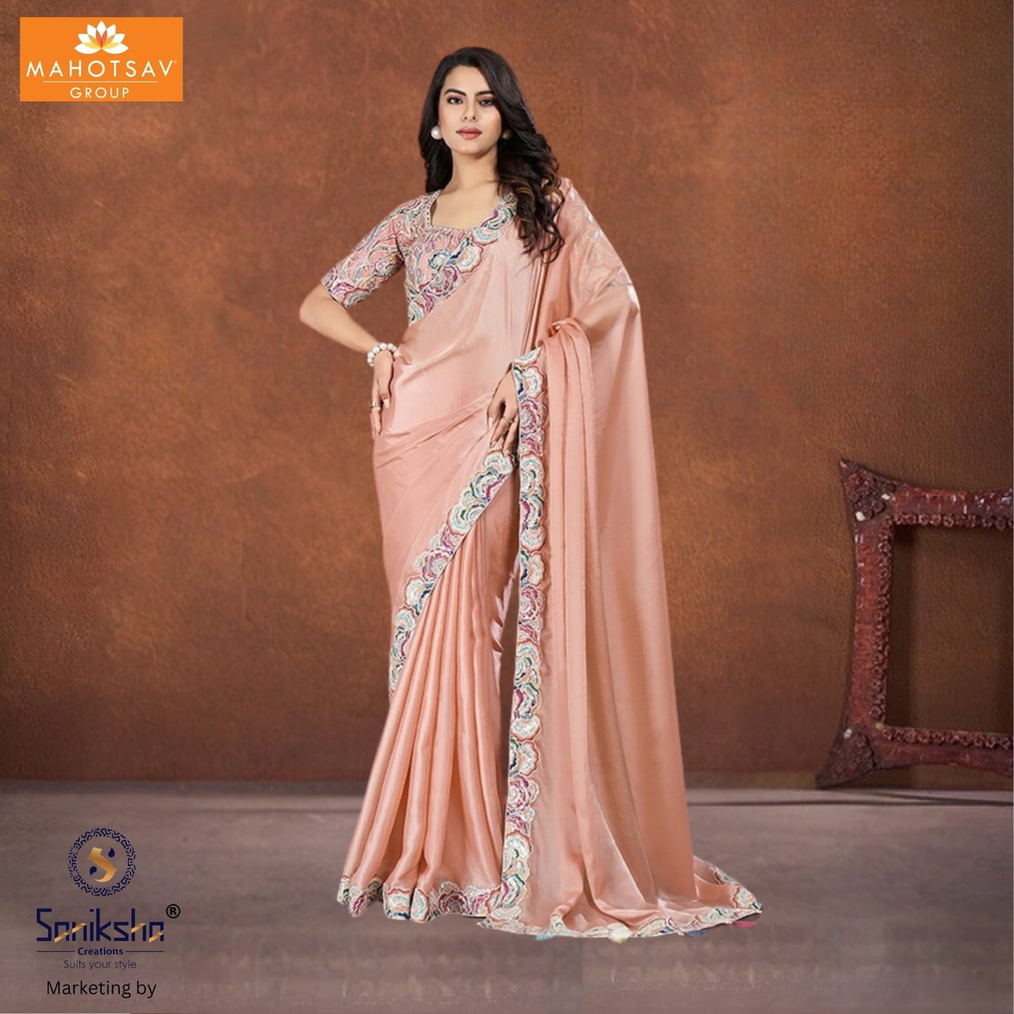 Peach Crepe Satin Silk Saree