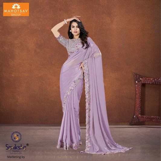 Lavender Crepe Satin Silk Saree