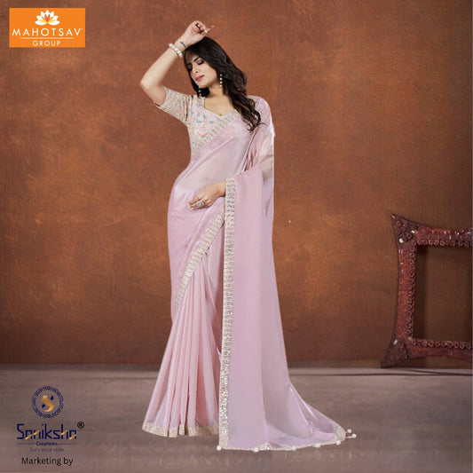 Light Pink Crepe Satin Silk Saree