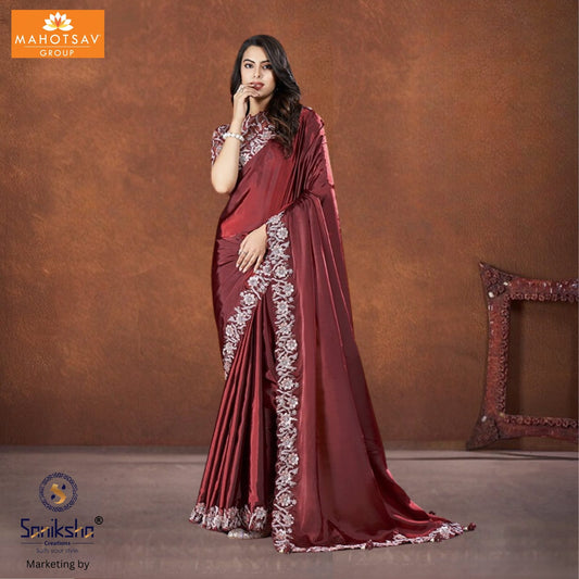 Maroon Crepe Satin Silk Saree