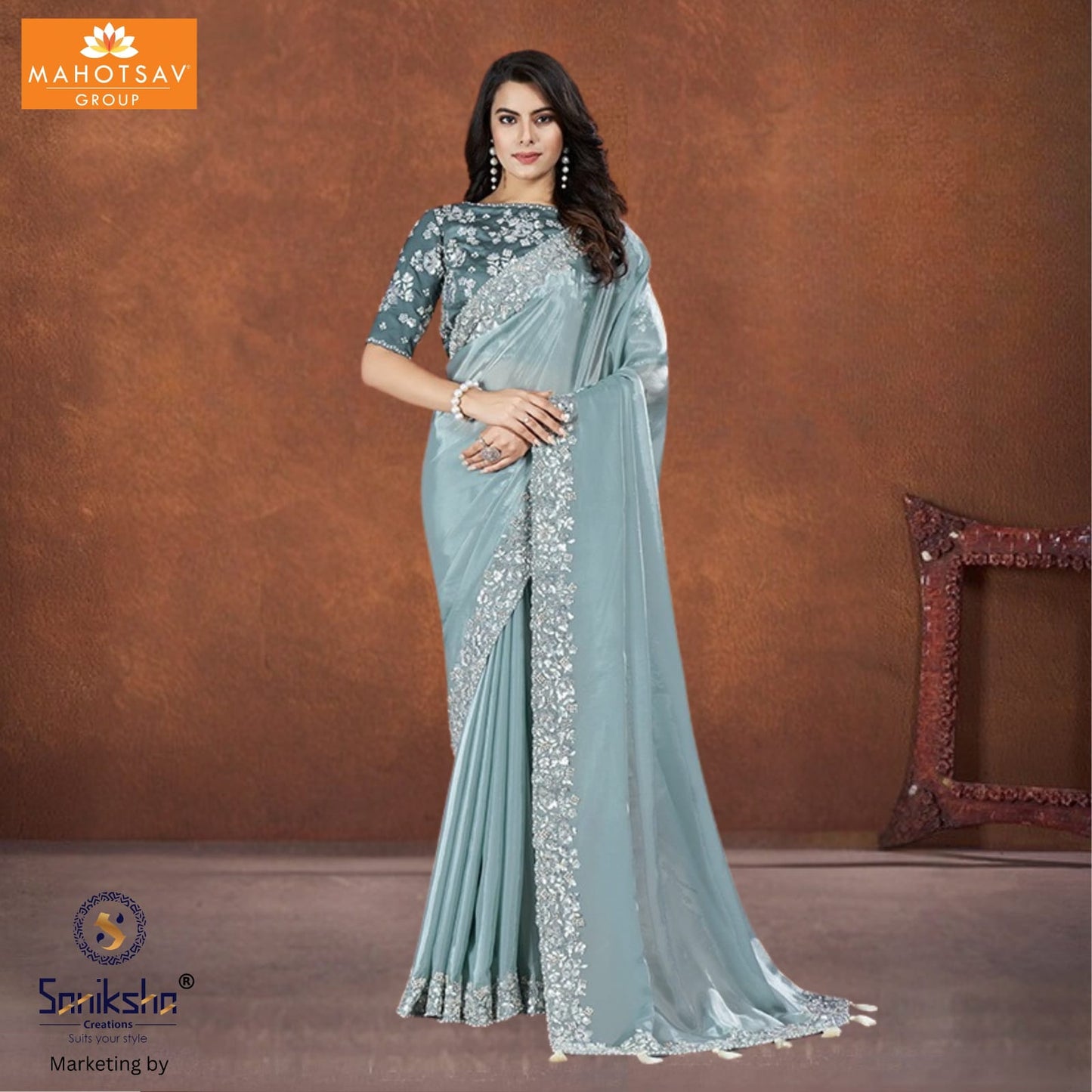 Grey Crepe Satin Silk Saree