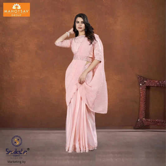 Peach Pink Crepe Satin Silk Saree