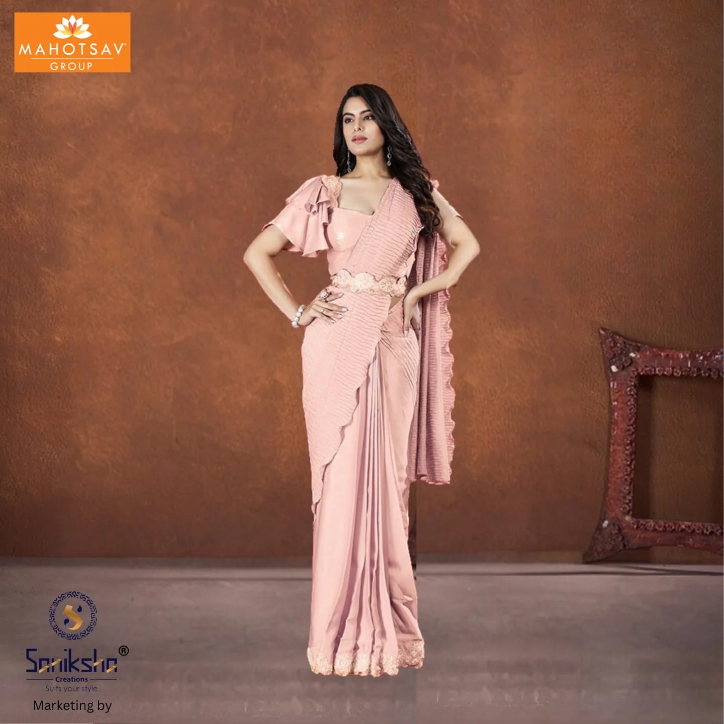 Peach Crepe Satin Ruffle Saree