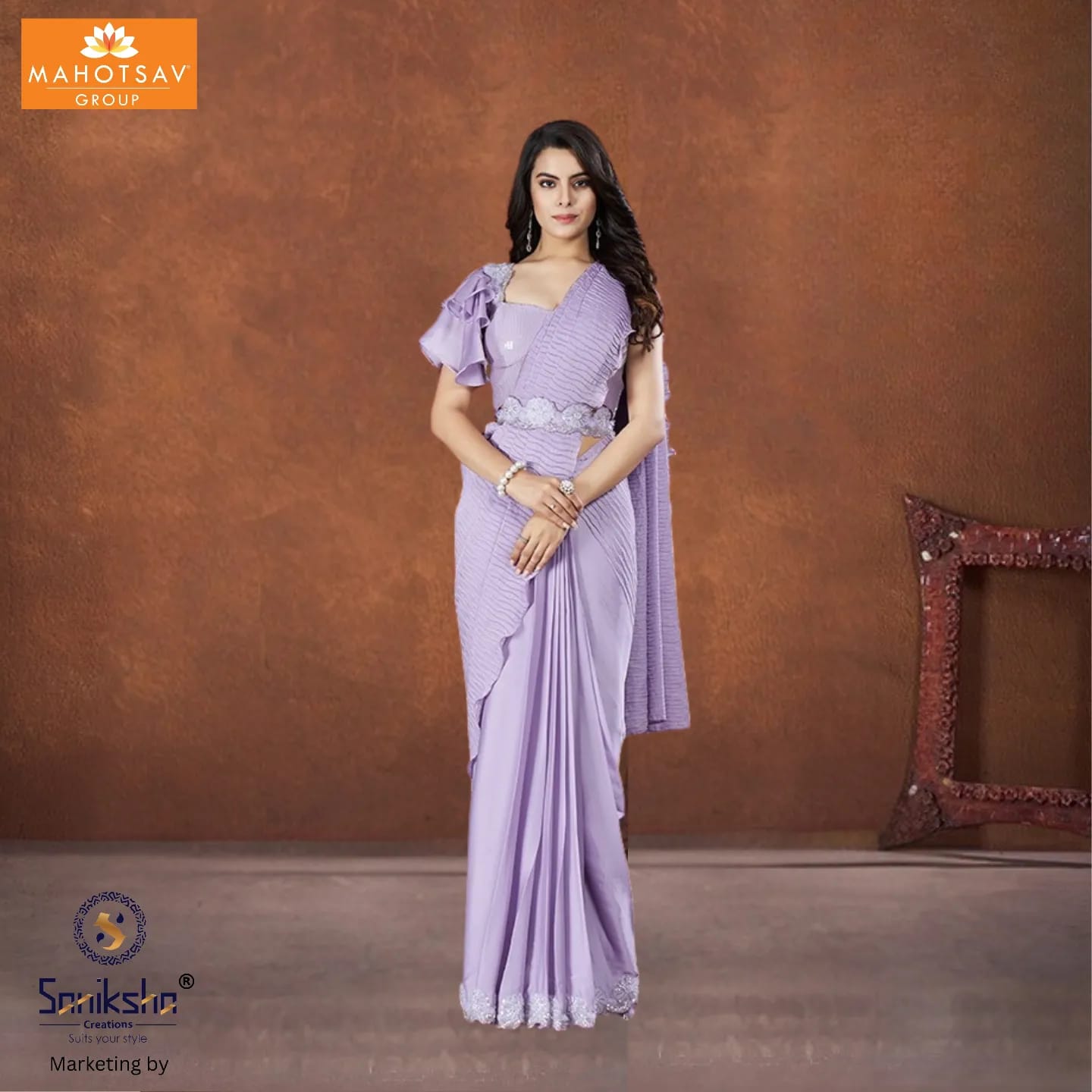 Lavender Crepe Satin Ruffle Saree