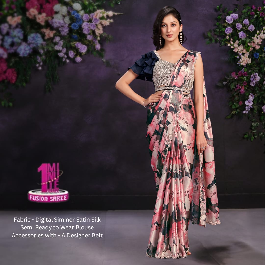 Floral Pink 1 minute wear Riona Saree