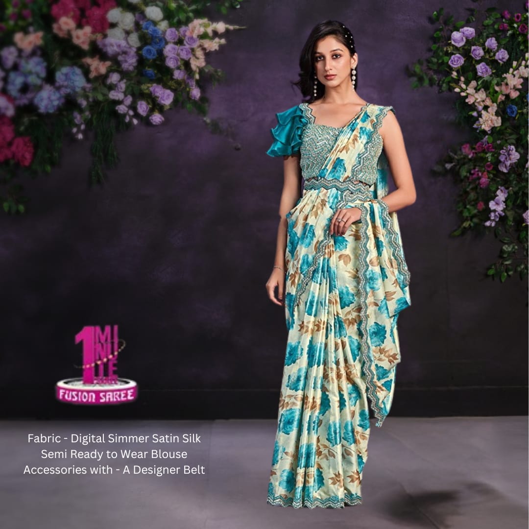 Floral Blue 1 minutes wear Riona Saree