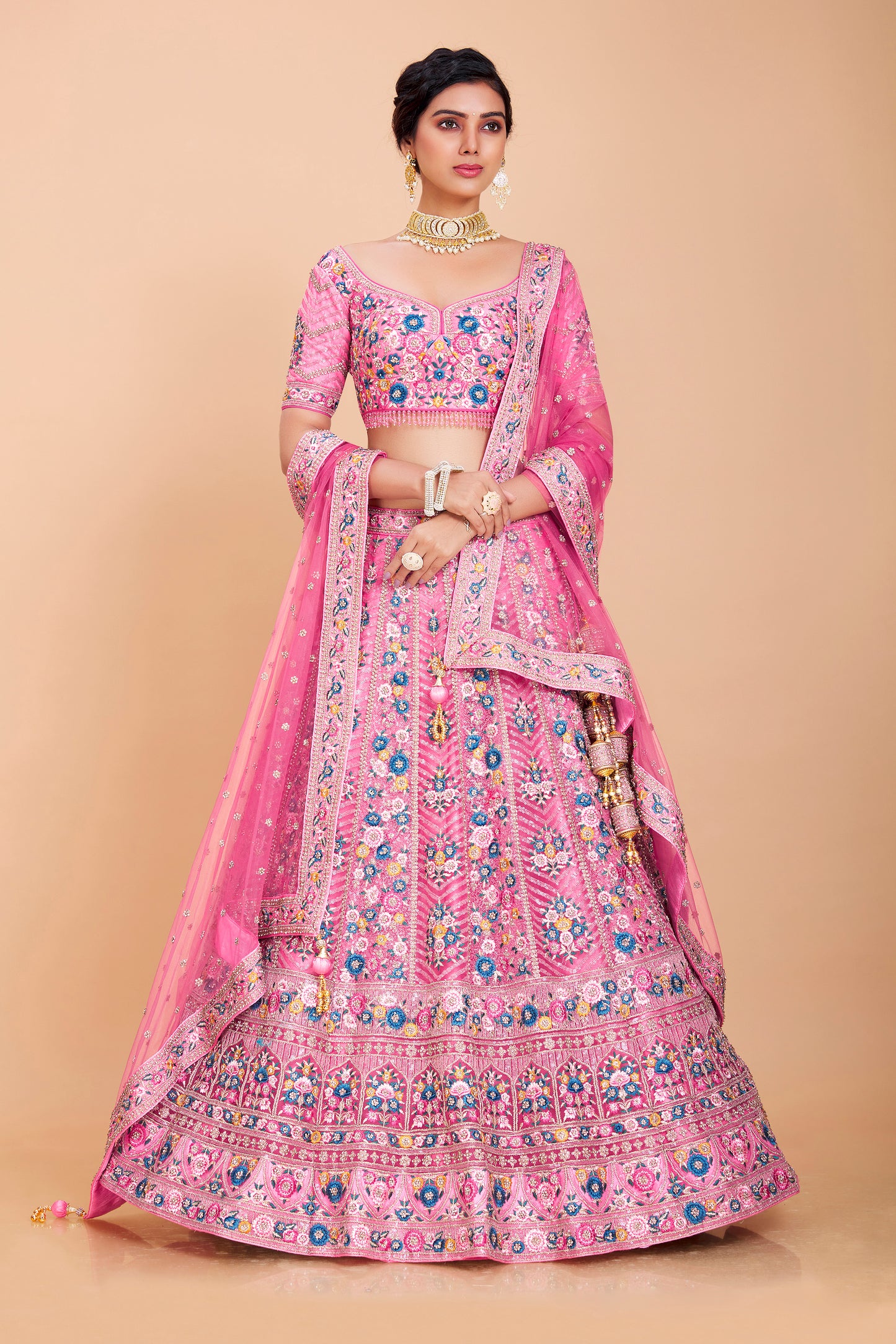 Pink Floral Embroidered Lehenga