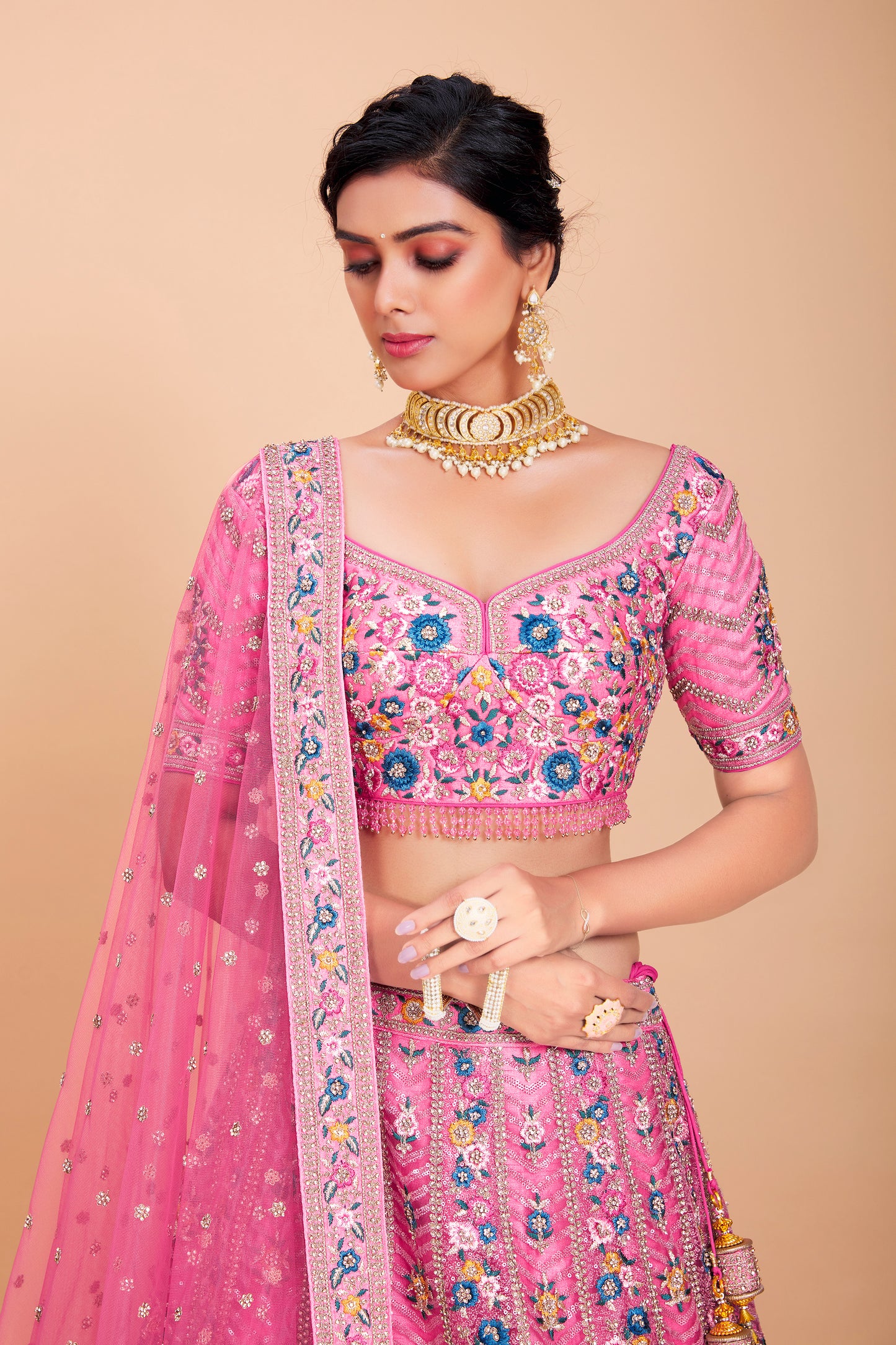 Pink Floral Embroidered Lehenga