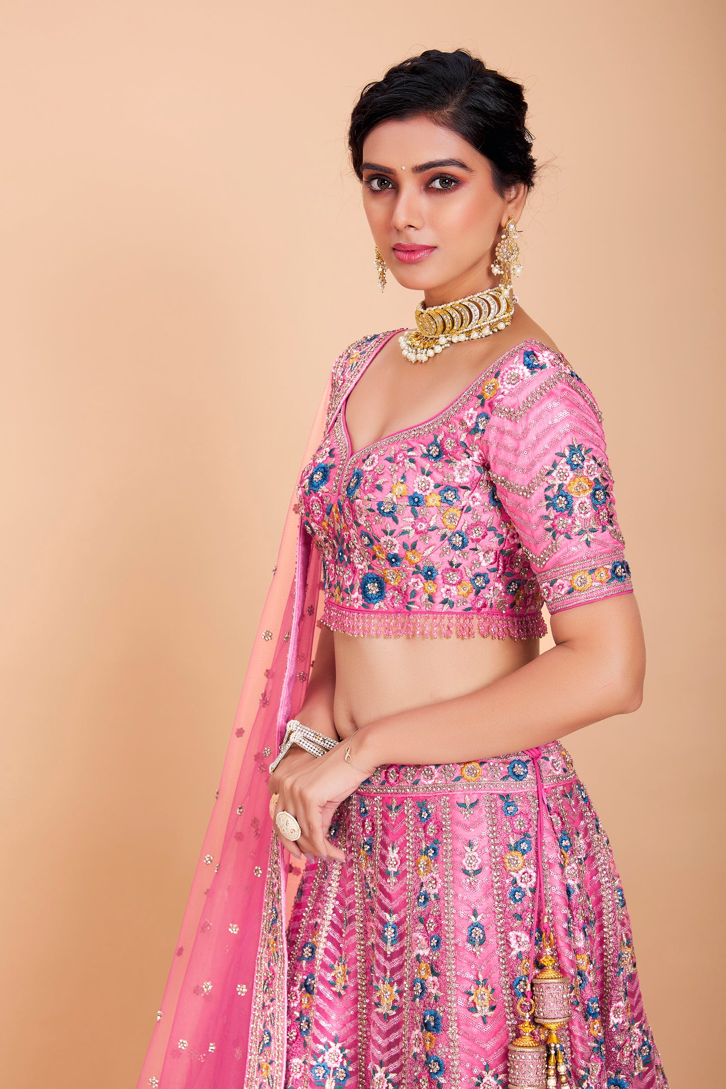 Pink Floral Embroidered Lehenga