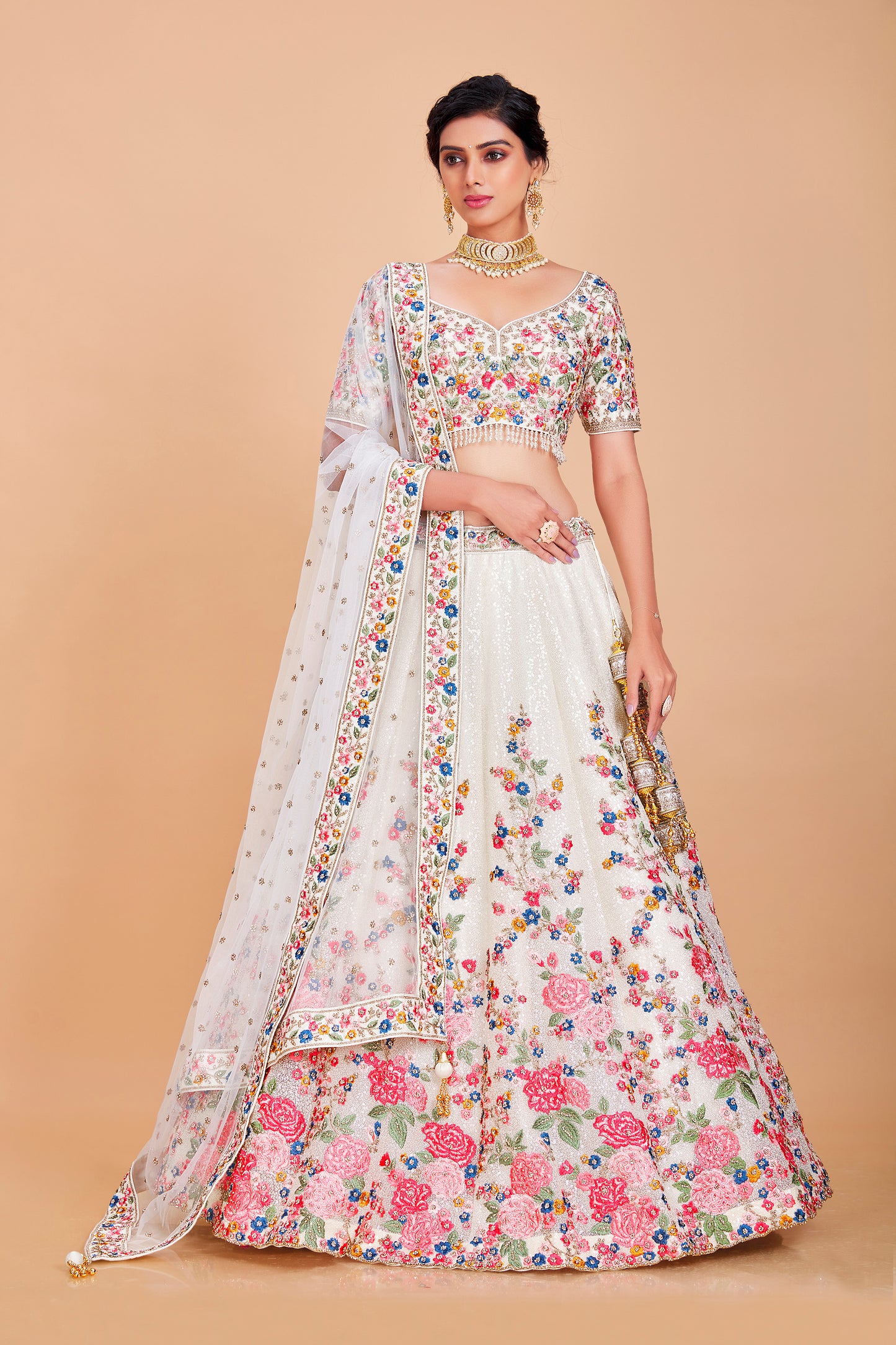 White Floral Embroidered Lehenga