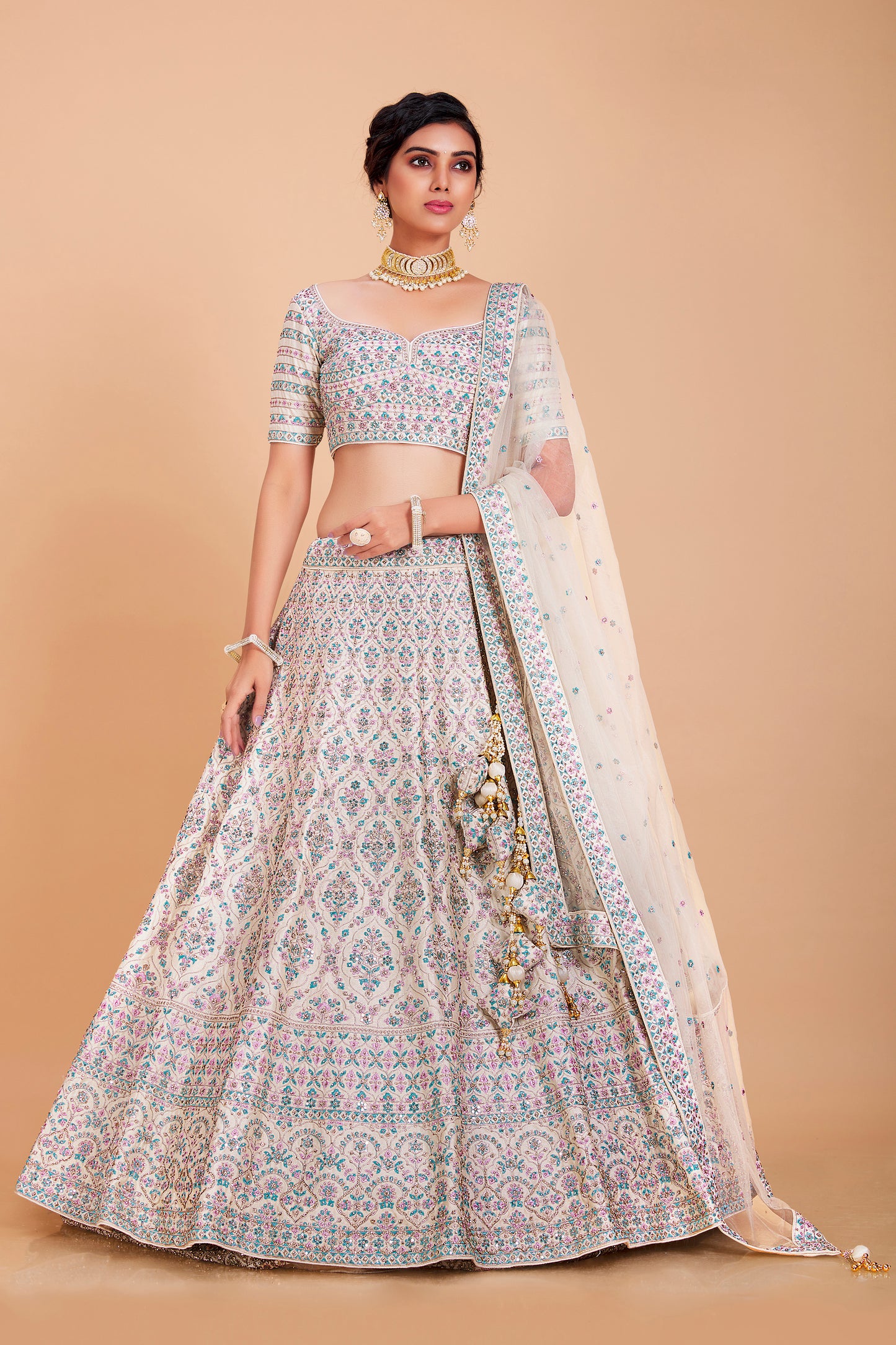 White & Blue Embroidered Lehenga