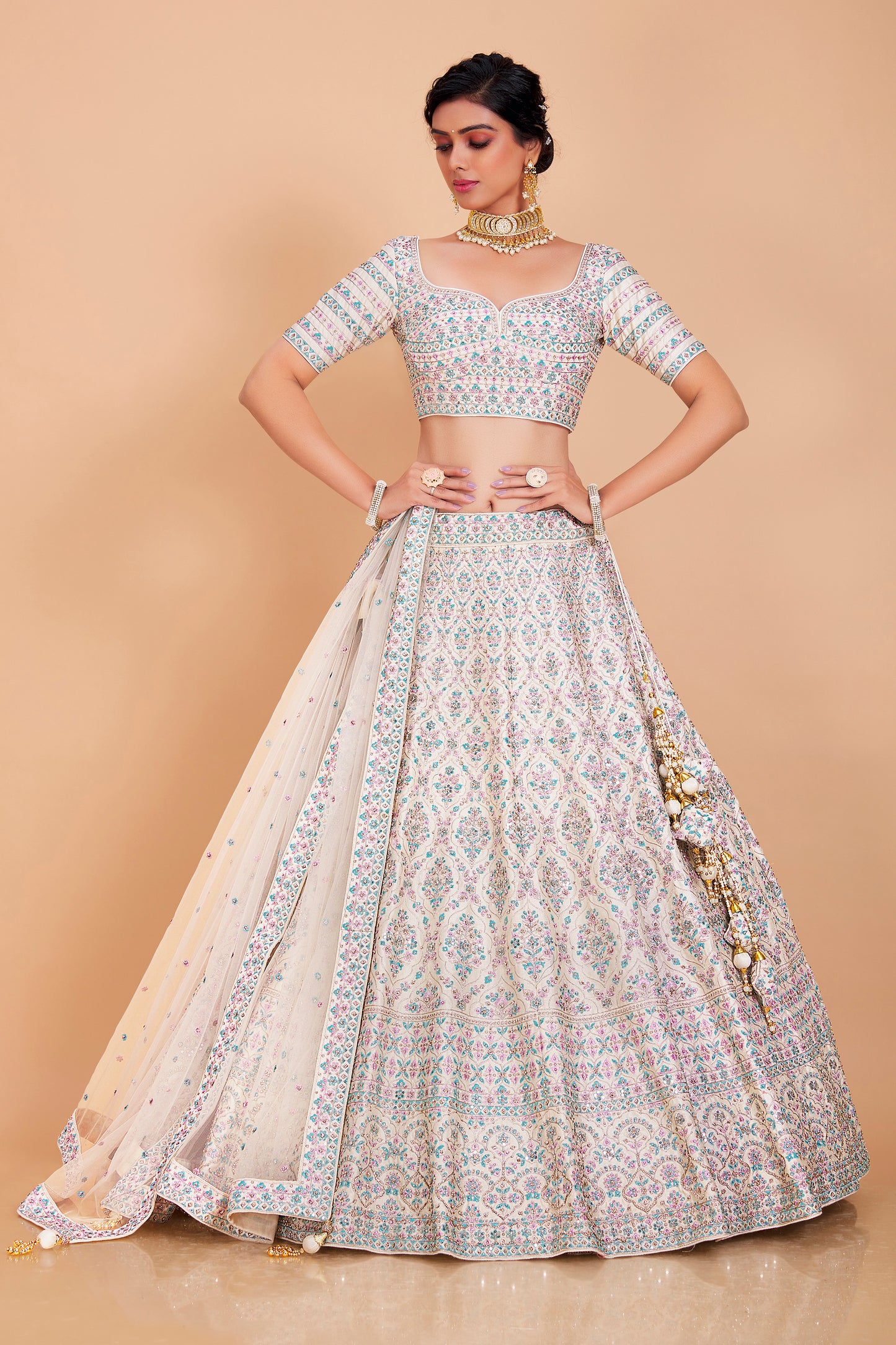 White & Blue Embroidered Lehenga