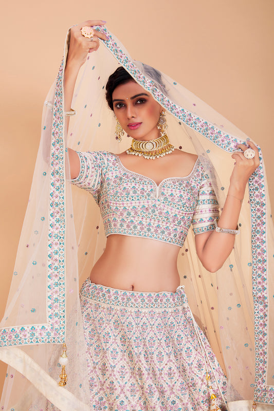 White & Blue Embroidered Lehenga