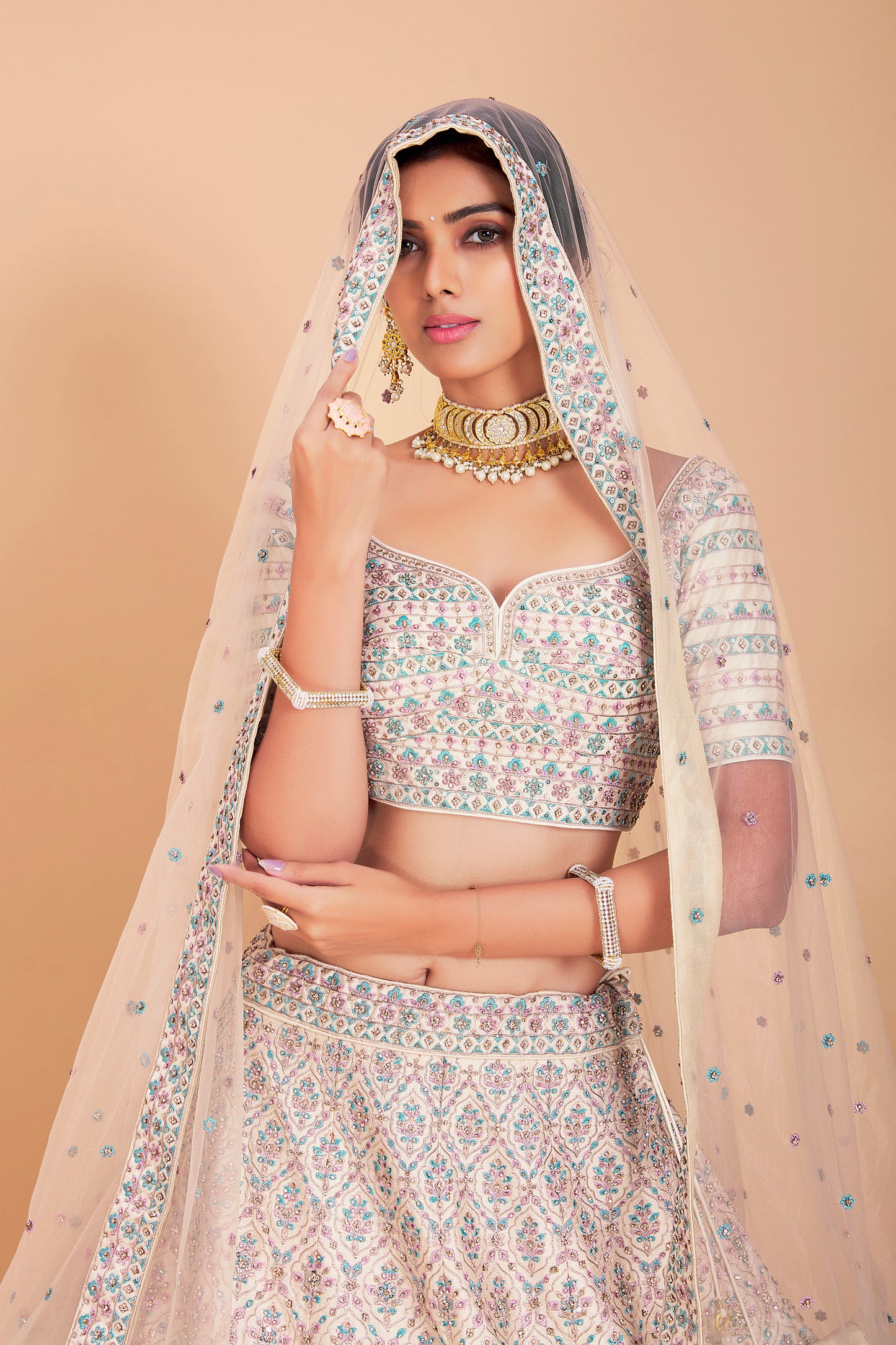 White & Blue Embroidered Lehenga