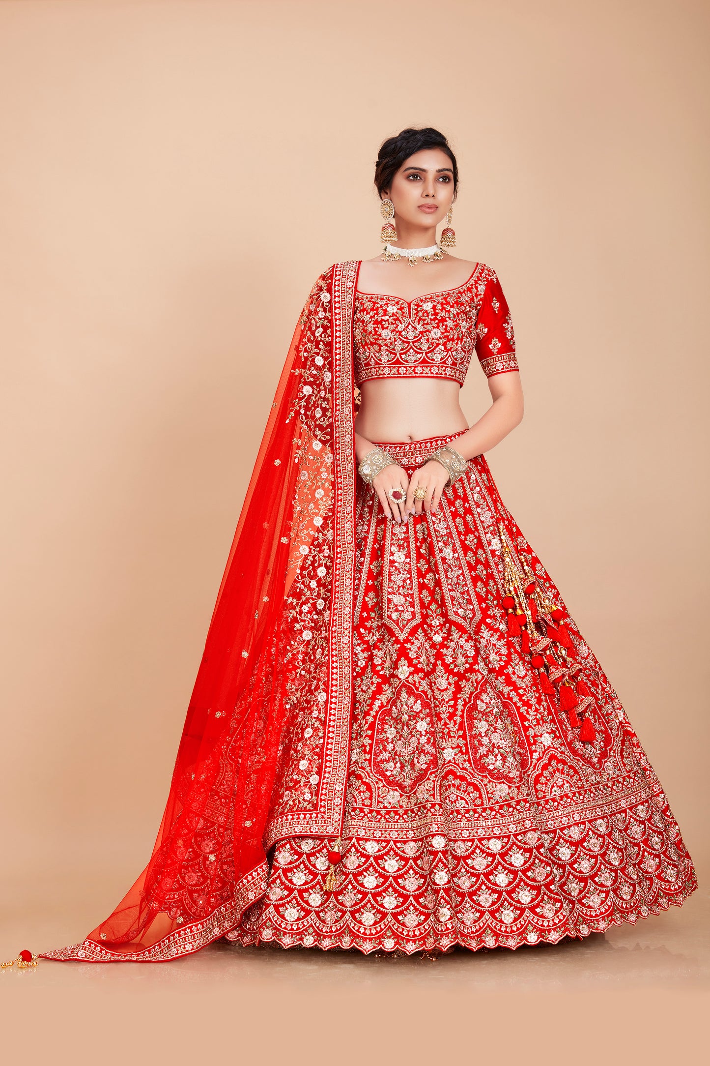 Pure Red Embroidered Lehenga