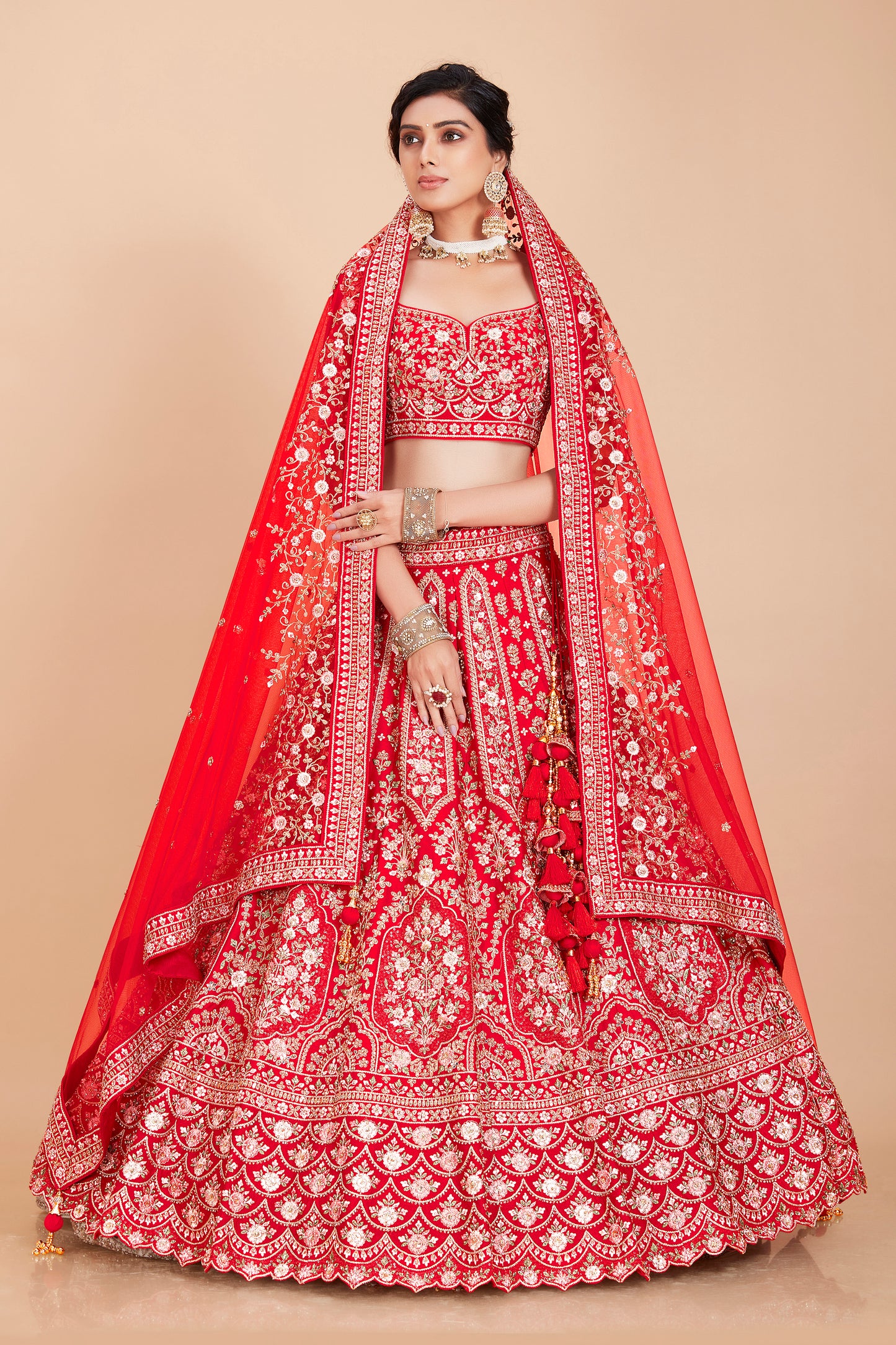 Pure Red Embroidered Lehenga