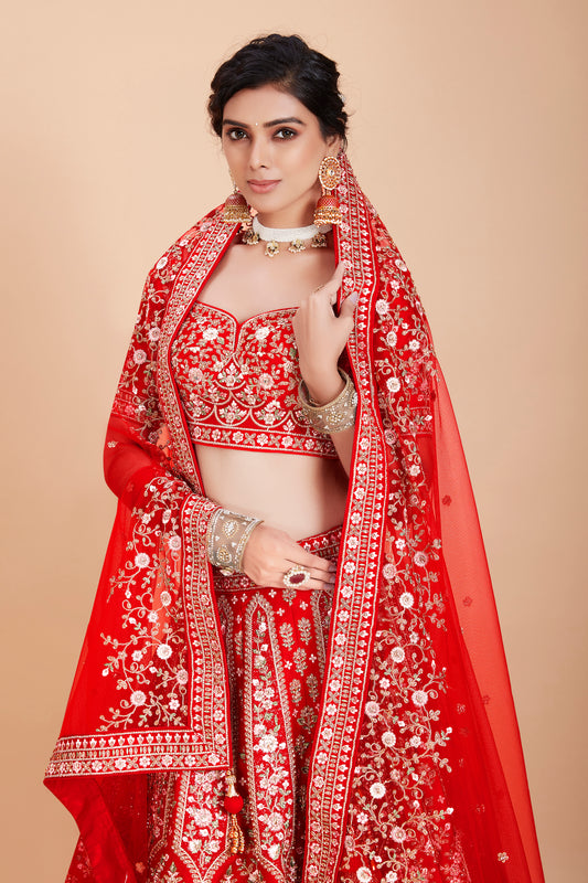 Pure Red Embroidered Lehenga