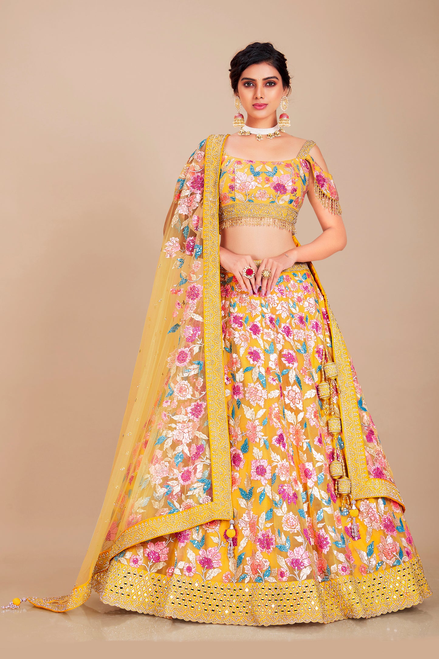 Yellow Floral Embroidered Lehenga