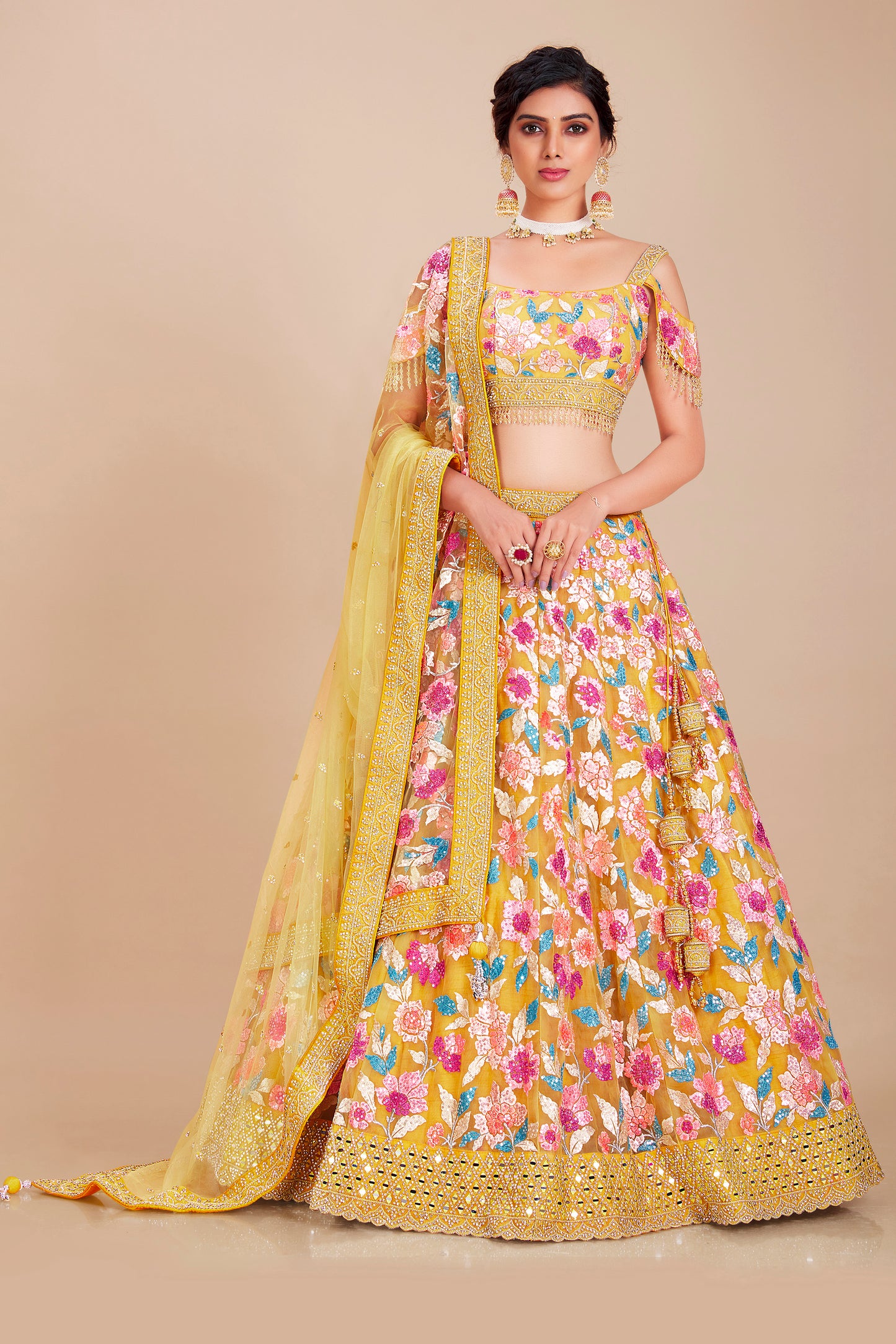 Yellow Floral Embroidered Lehenga