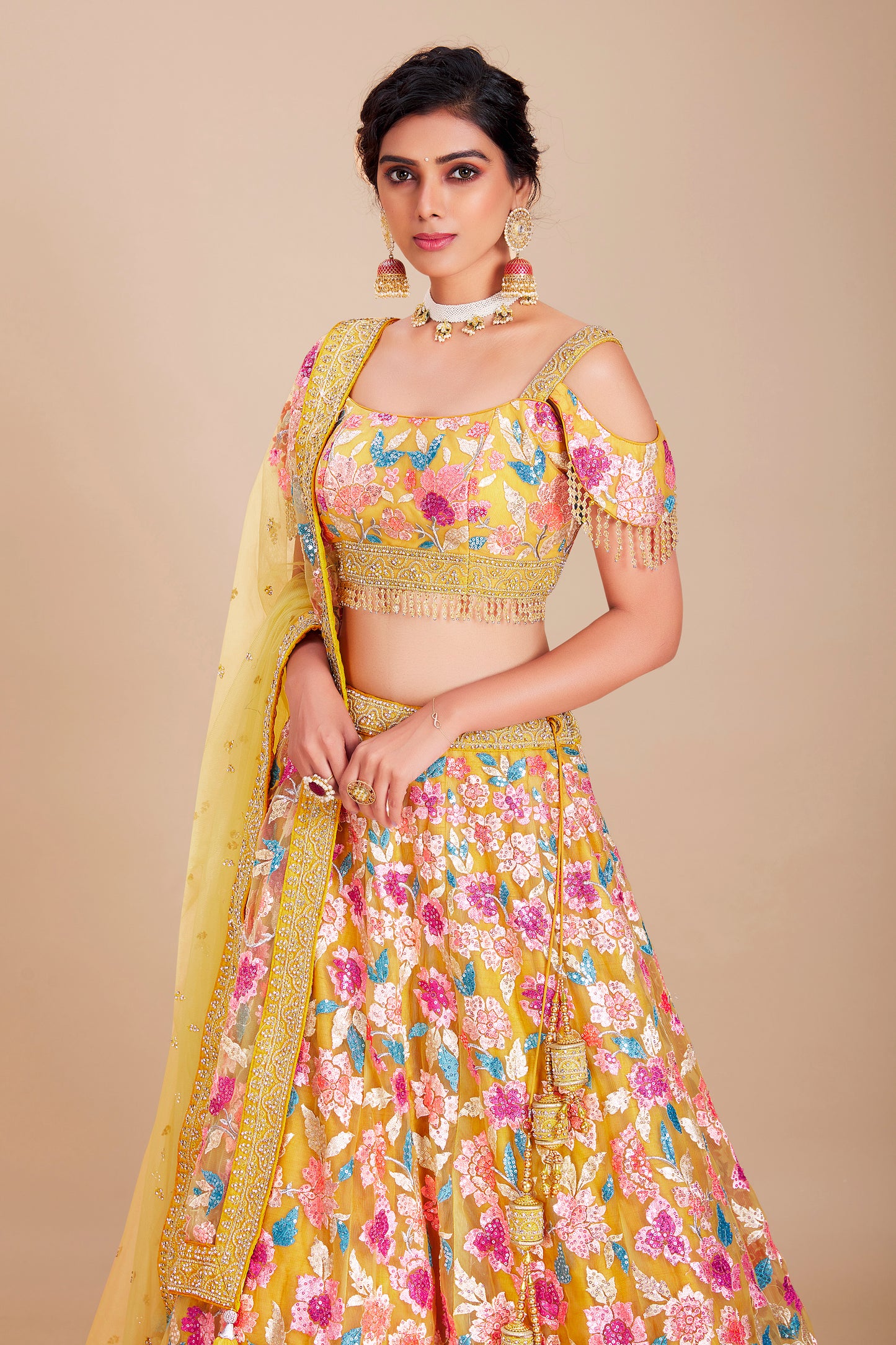 Yellow Floral Embroidered Lehenga