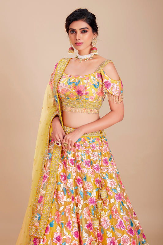 Yellow Floral Embroidered Lehenga