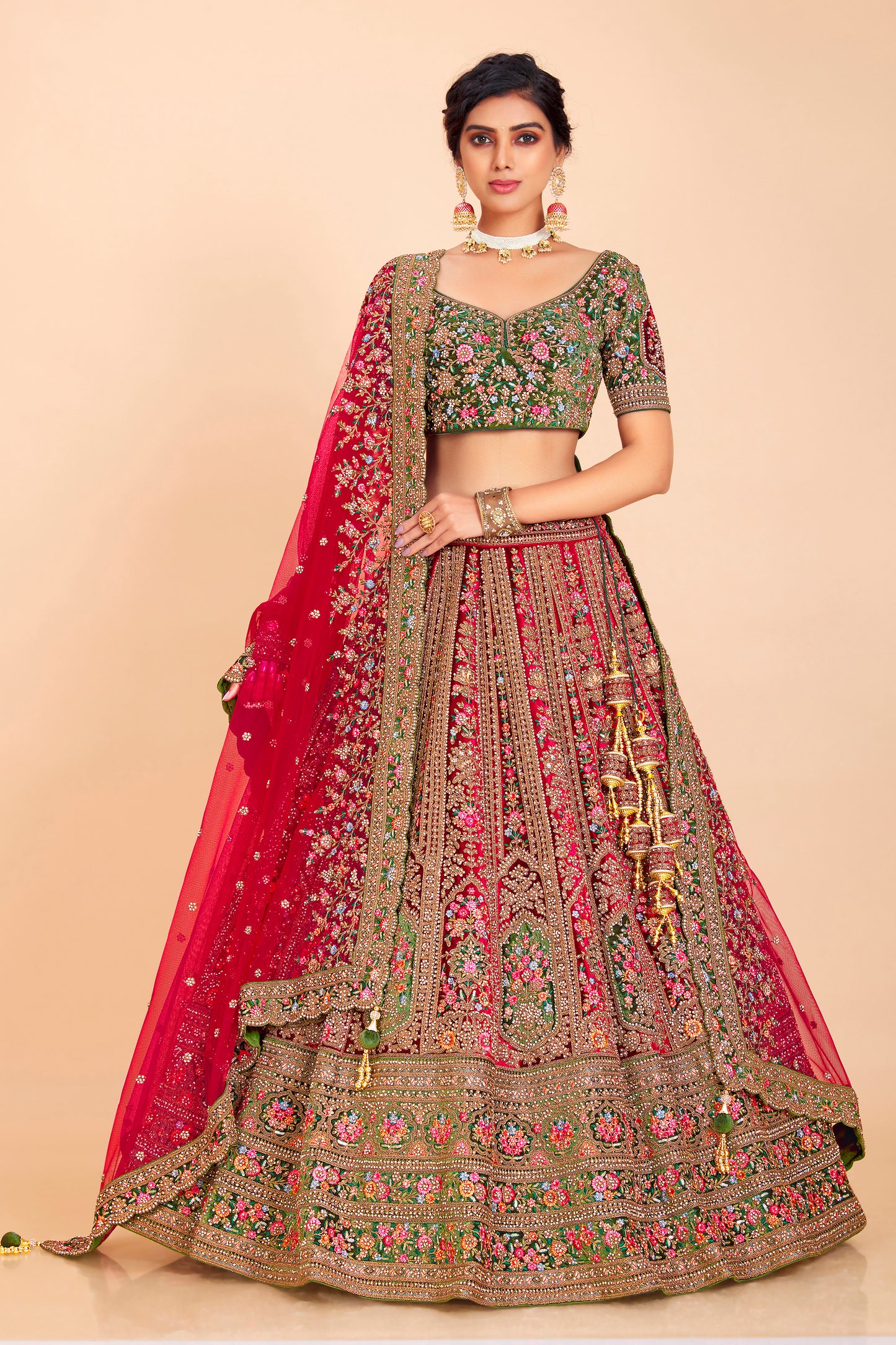 Deep Red Bridal Embroidered Lehenga