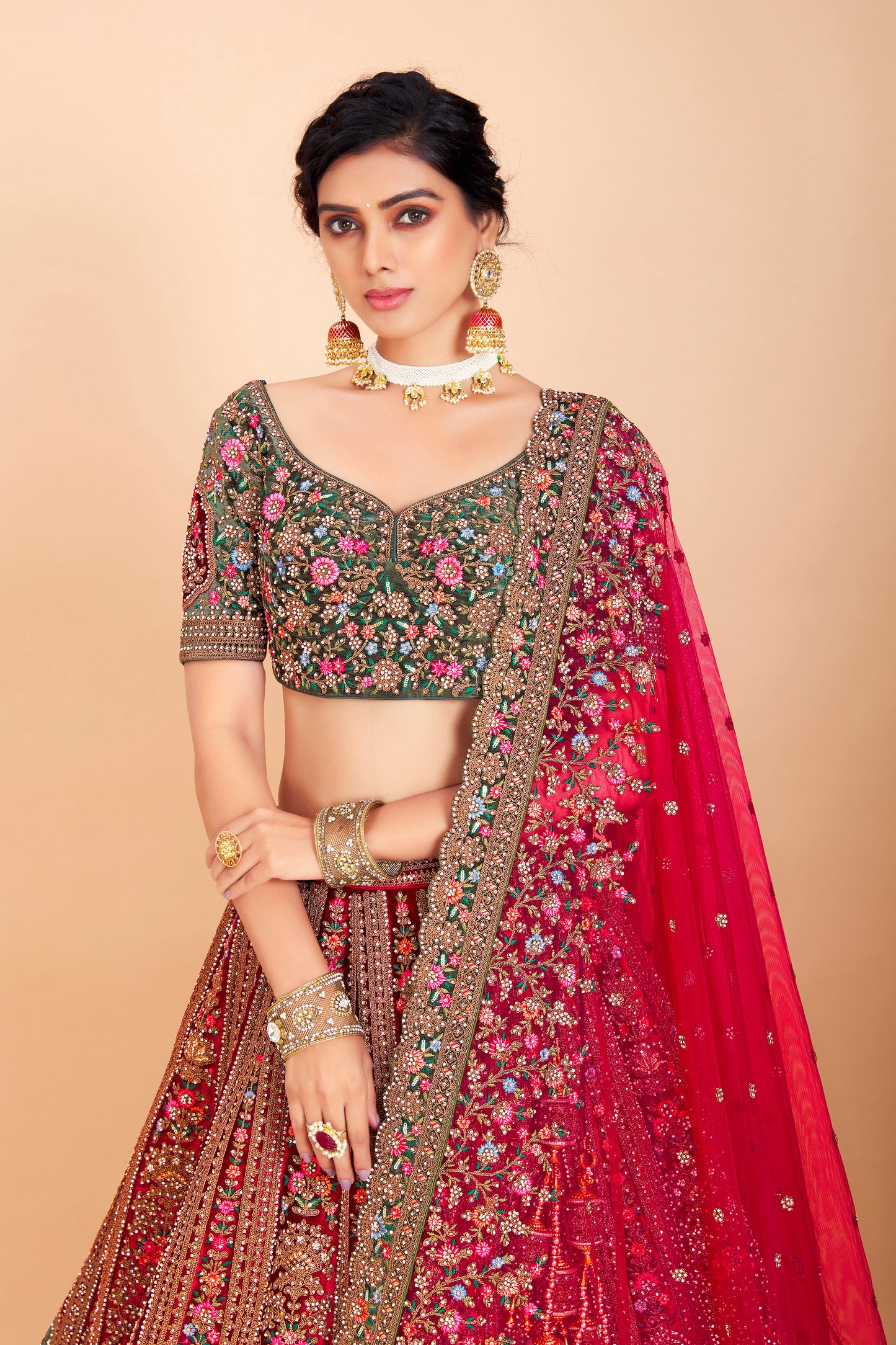 Deep Red Bridal Embroidered Lehenga