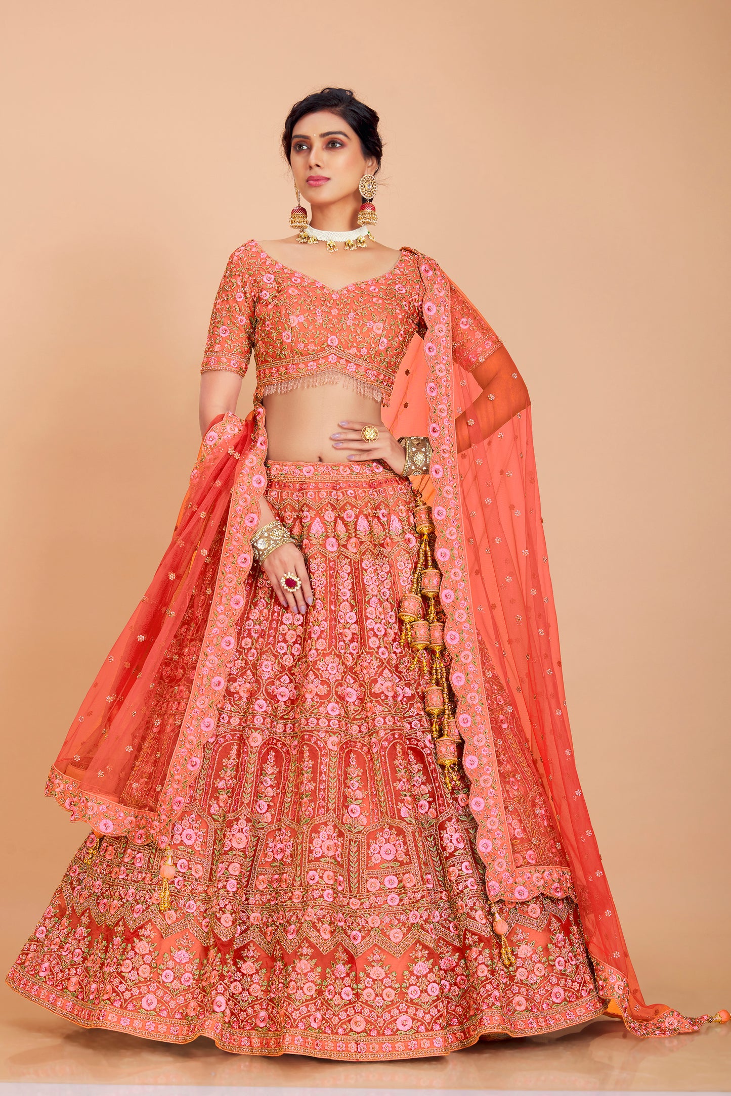 Light Orange Embroidered Lehenga