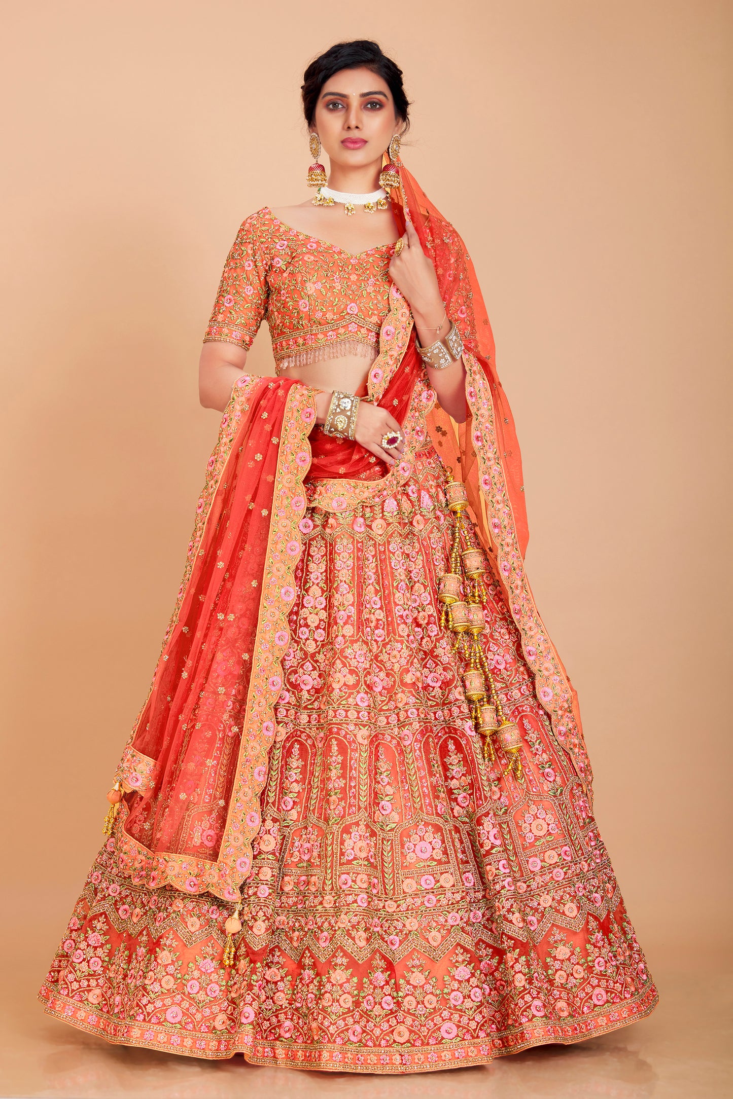 Light Orange Embroidered Lehenga