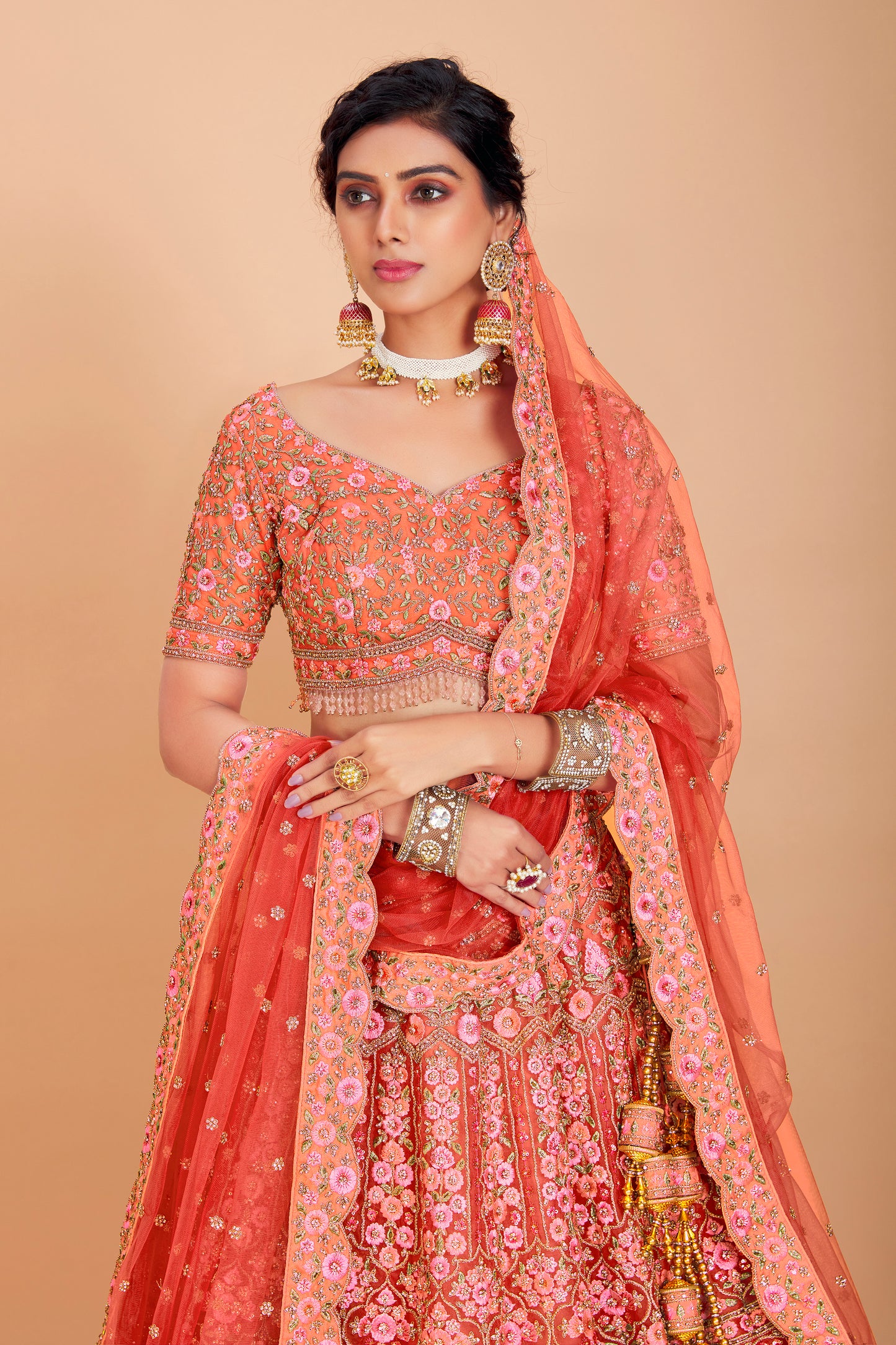 Light Orange Embroidered Lehenga