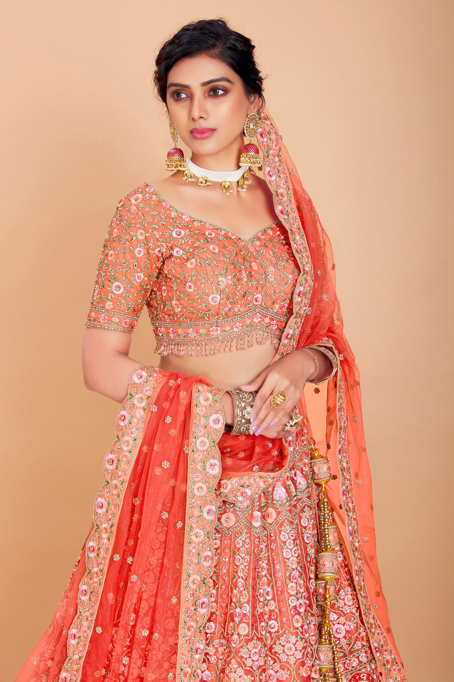 Light Orange Embroidered Lehenga