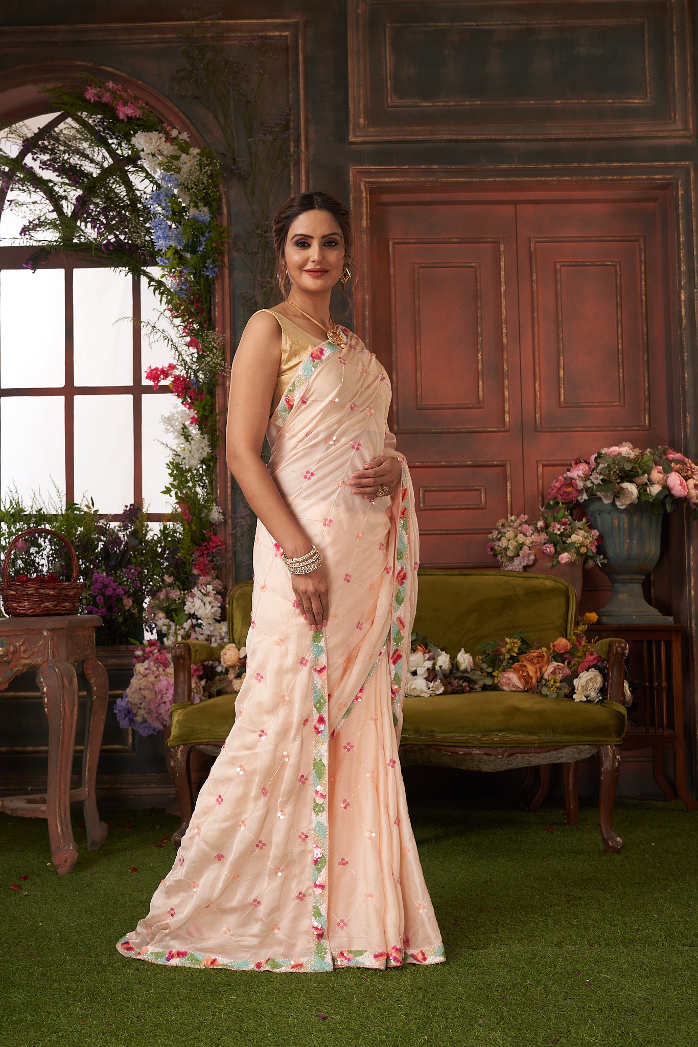 Peach Hand Embroidered Saree