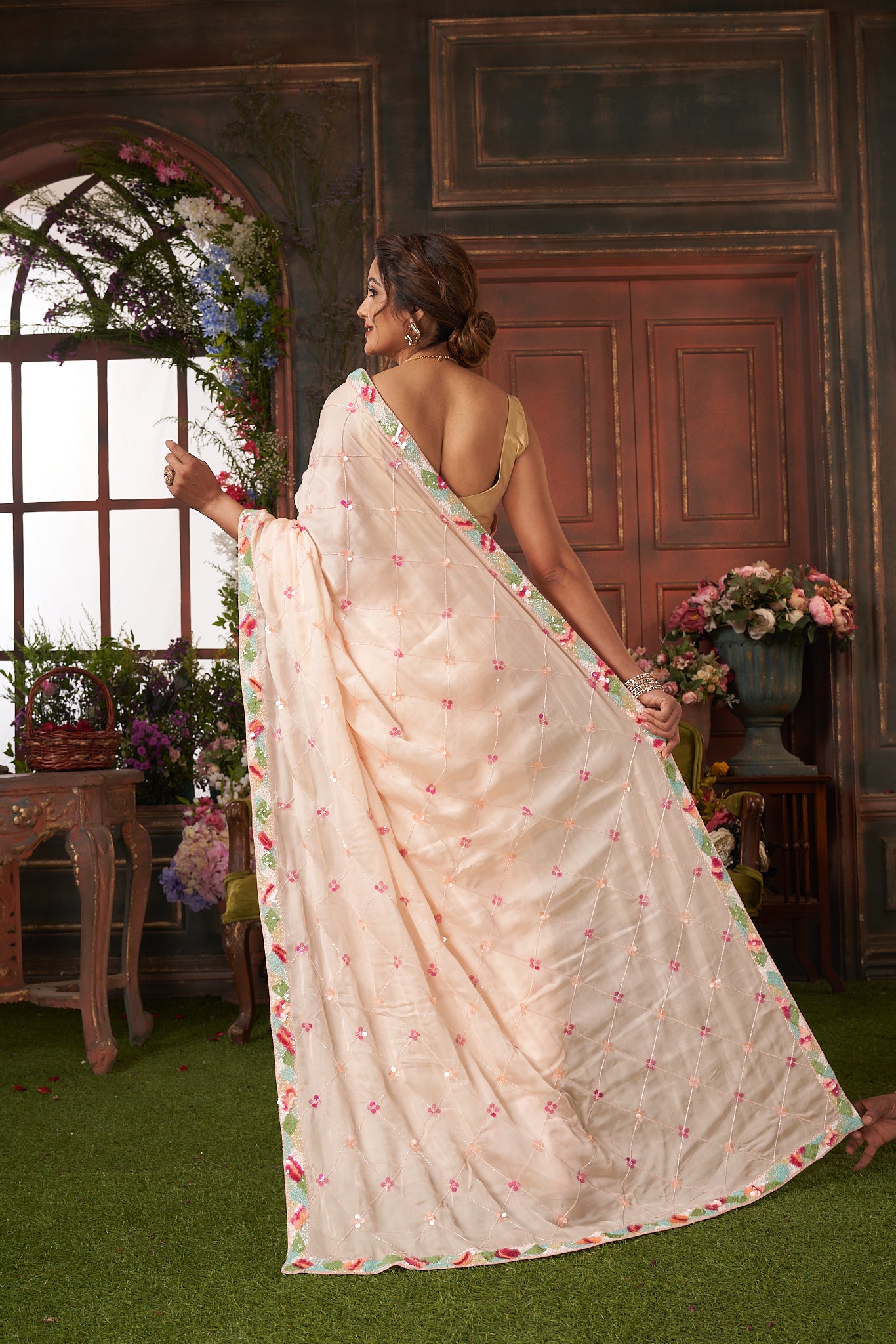 Peach Hand Embroidered Saree