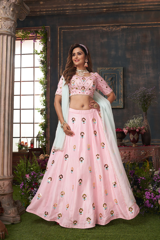 Hand Embroidered Pastel Pink Lehenga Set