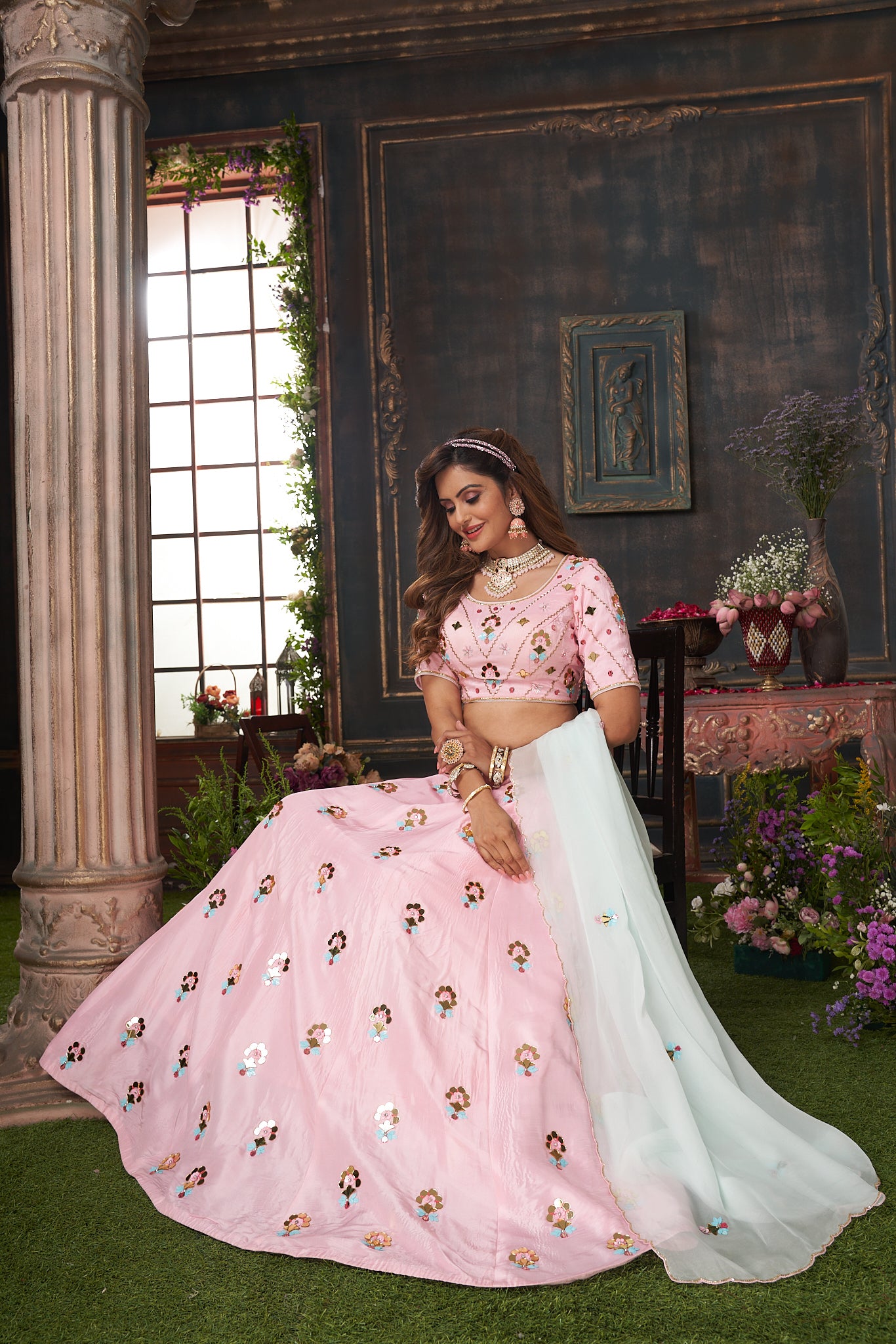 Hand Embroidered Pastel Pink Lehenga Set