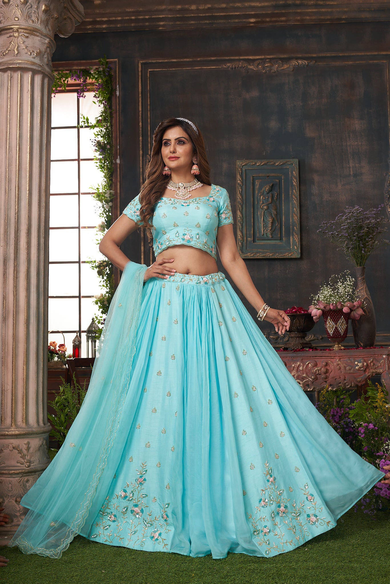 Hand Embroidered Pastel Blue Lehenga