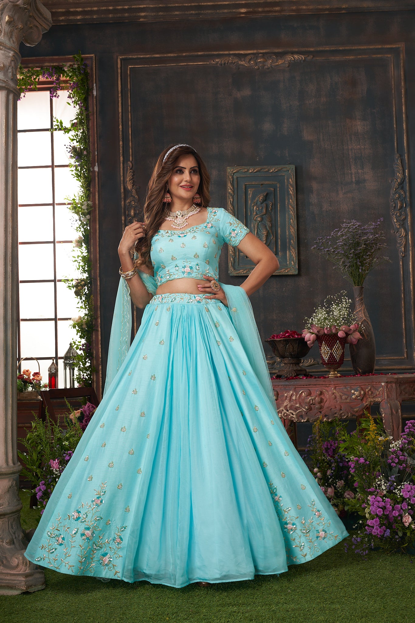 Hand Embroidered Pastel Blue Lehenga