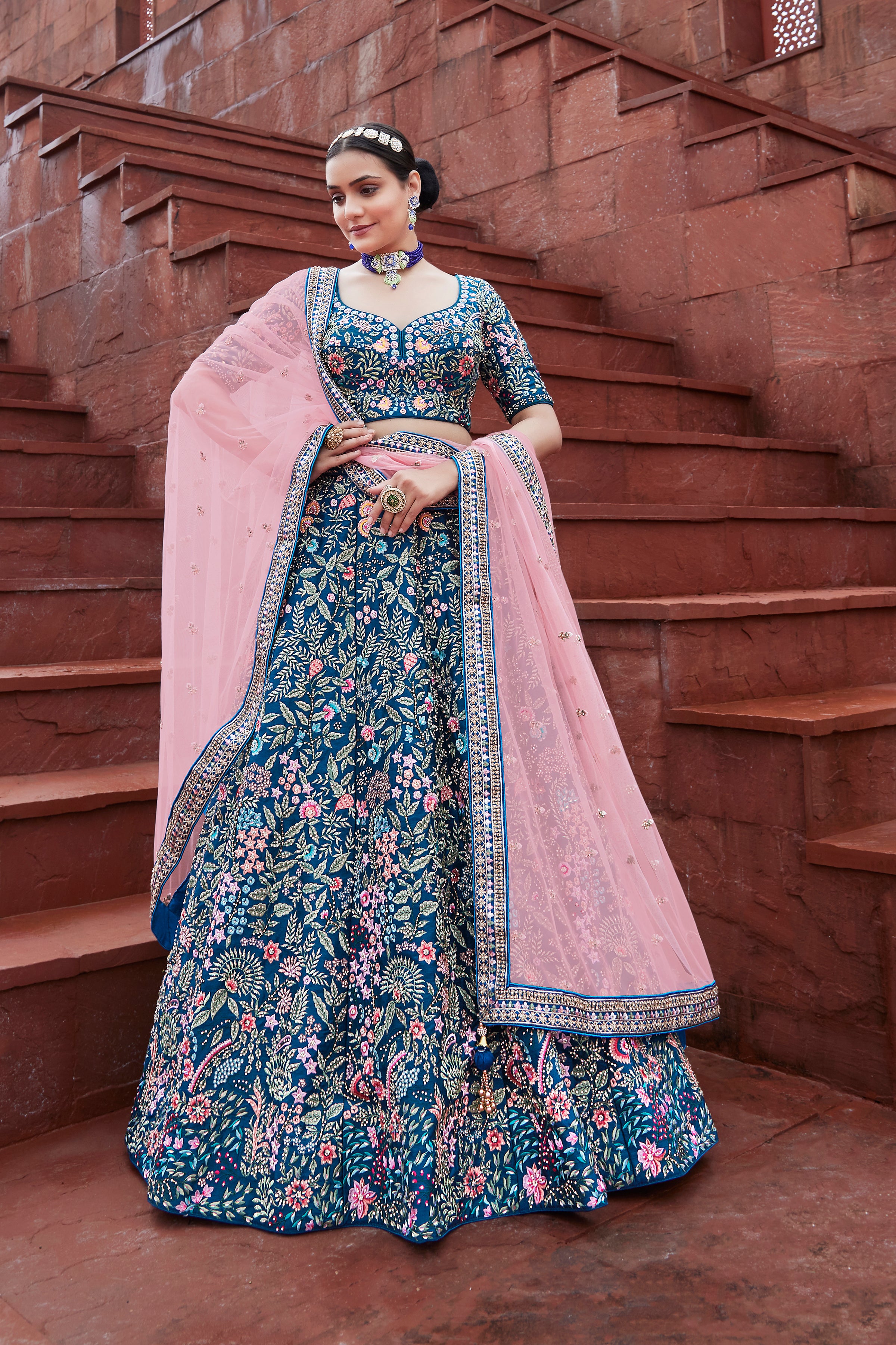 Buy Rani Pink Lehenga With Blue Dupatta Online in the USA @Mohey - Lehenga  for Women