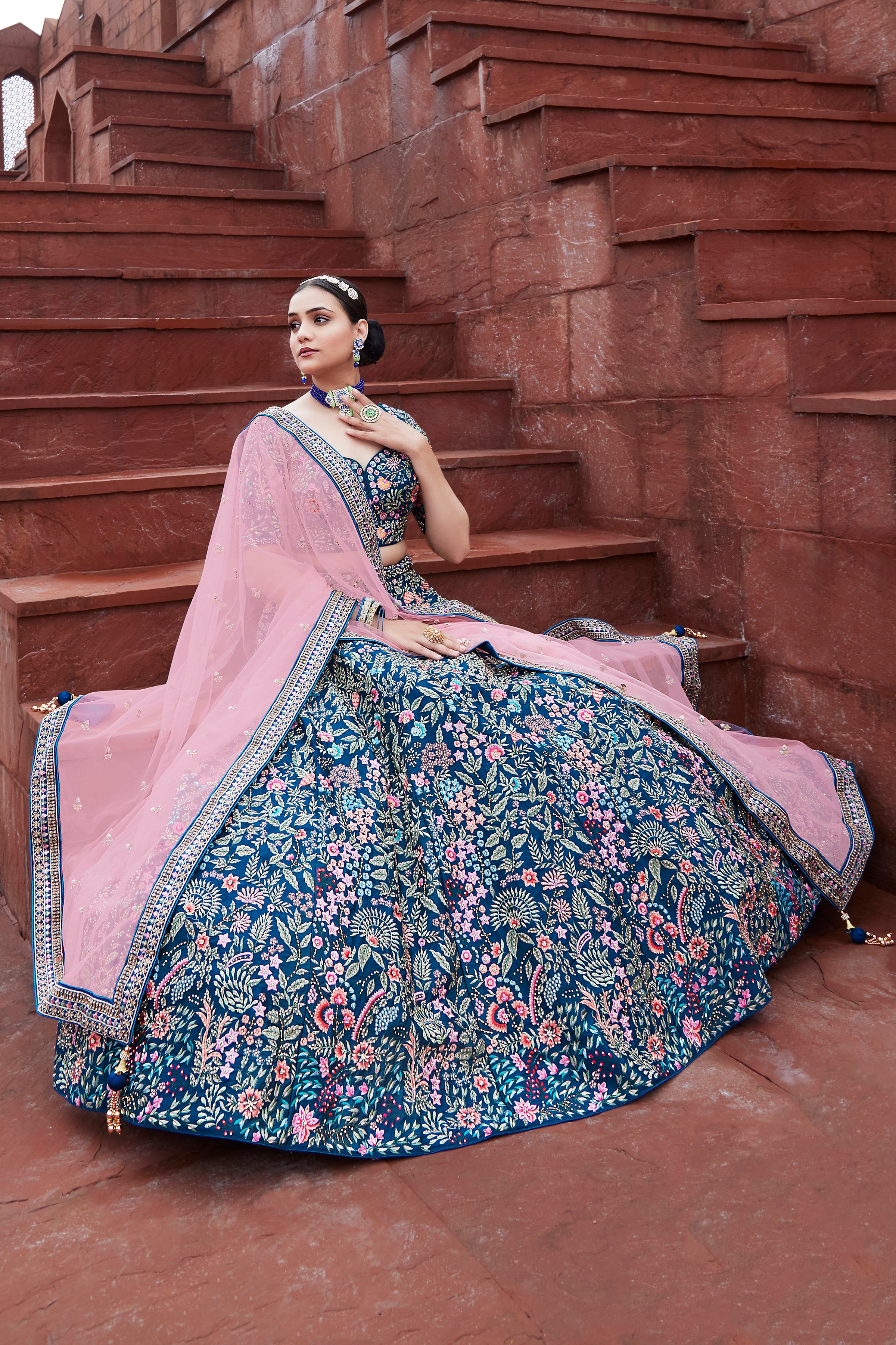 Peacock Blue & Pink Embroidered Lehenga Set Design by Suruchi Parakh at  Pernia's Pop Up Shop 2024
