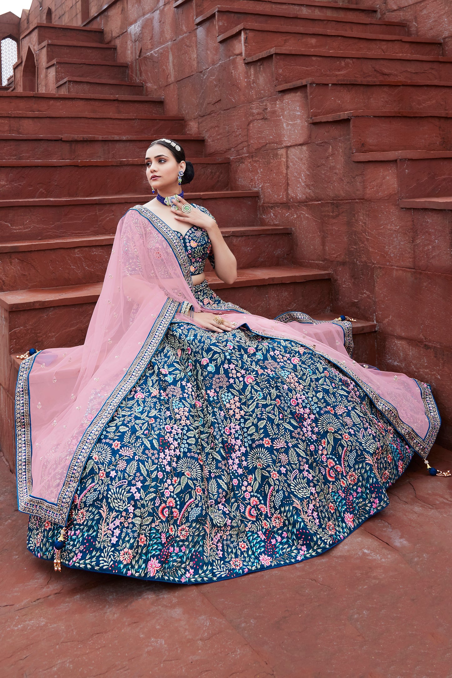 Navy Blue & Pink Lehenga