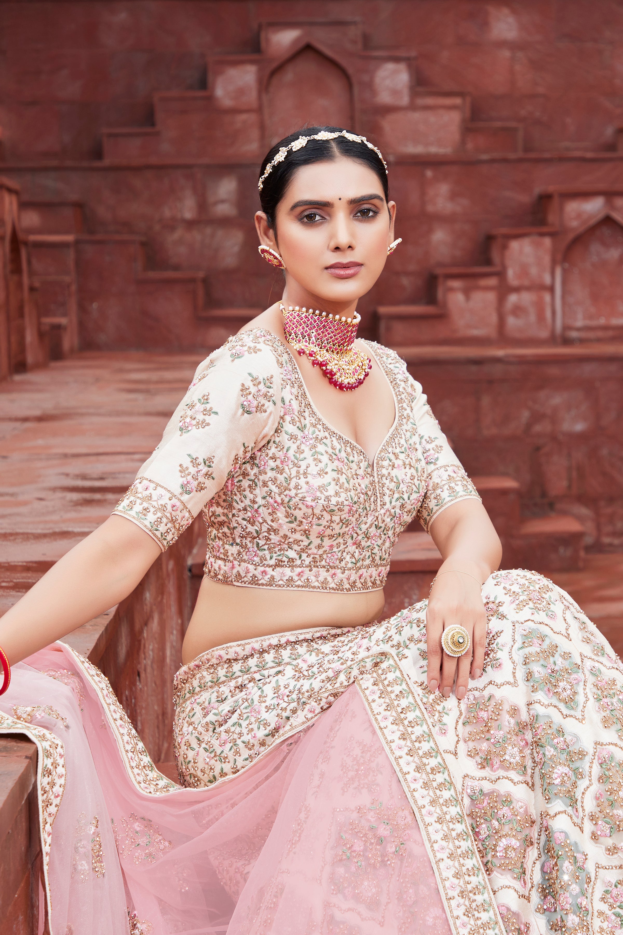 Buy Floral Cream and Pink Patterned Lehenga Online @Mohey - Indo Western  for Women