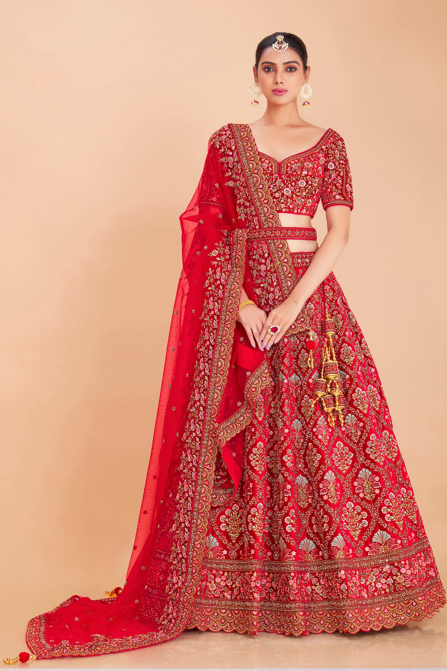 Cherry Red Embroidered Lehenga